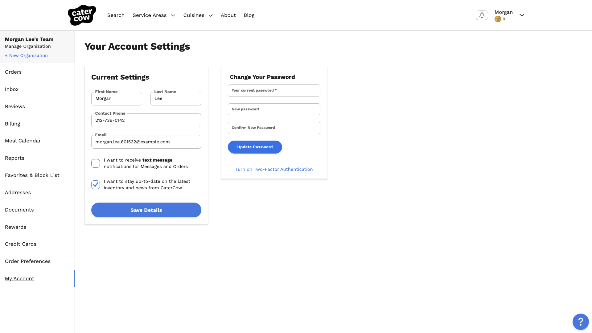 The Current Settings form with the text message checkbox unchecked and the news email checkbox checked