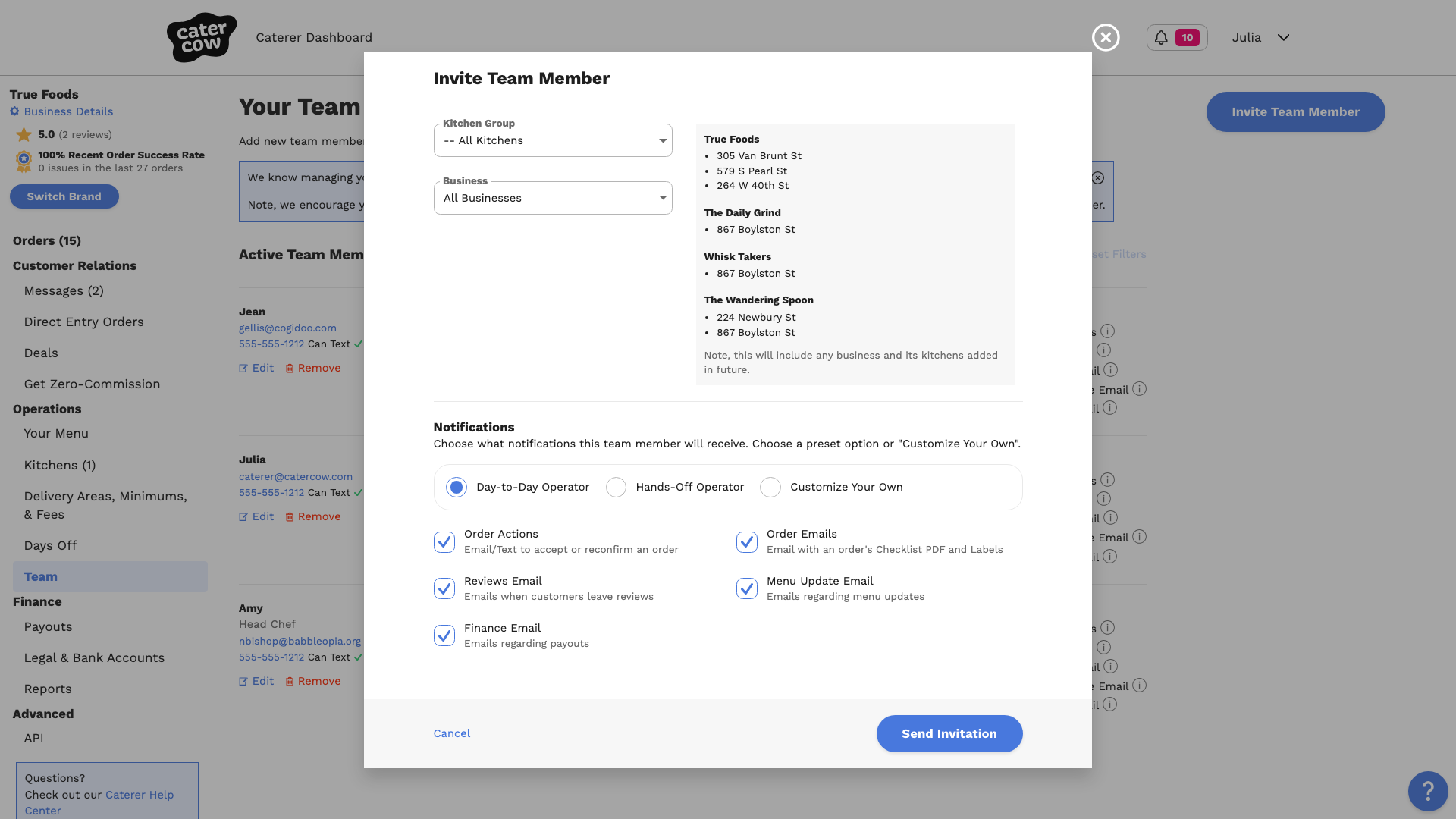 The Invite Team Member popup with access privileges and the notification presets