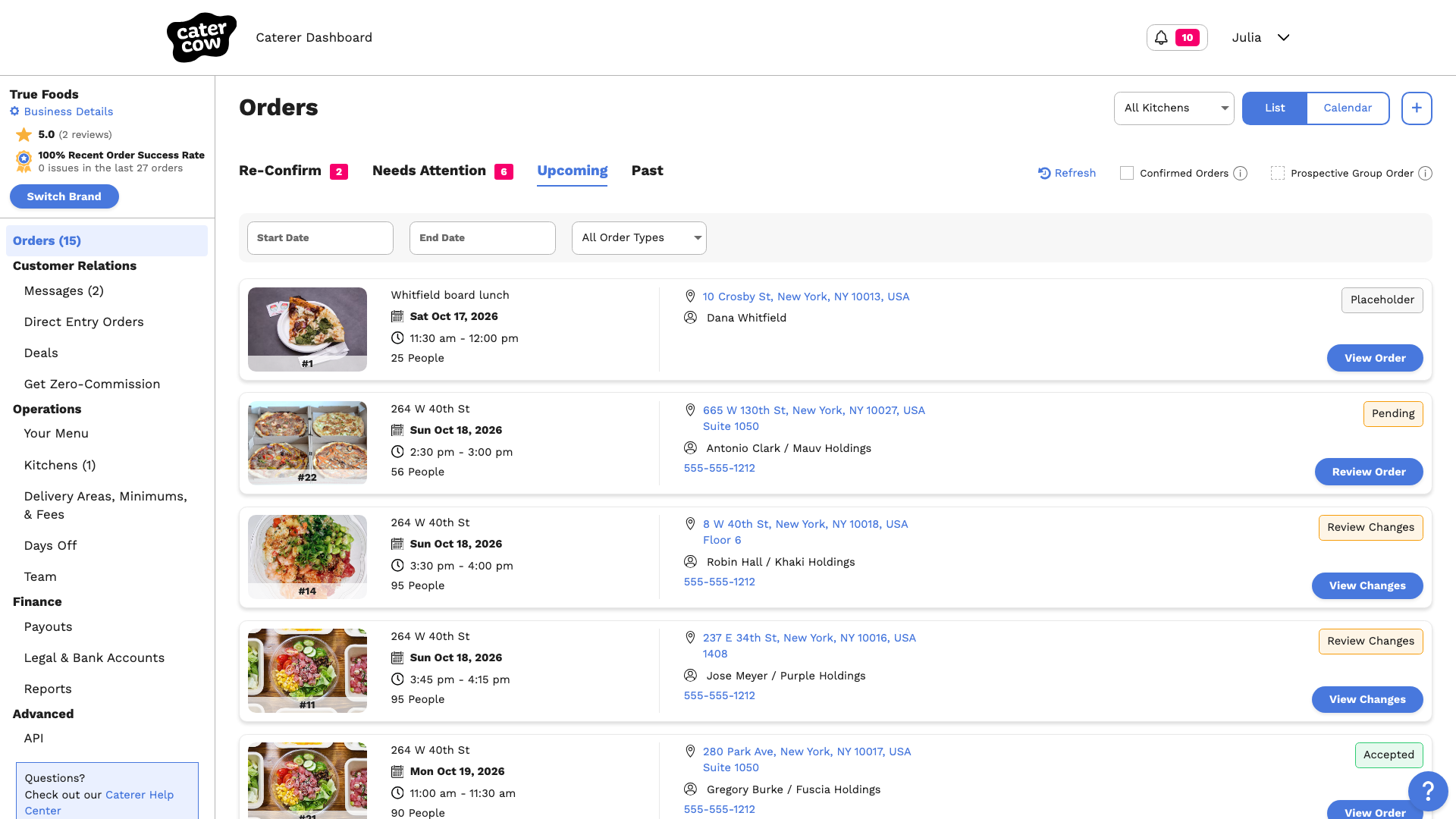 The Upcoming tab with the new placeholder listed by date above your CaterCow orders
