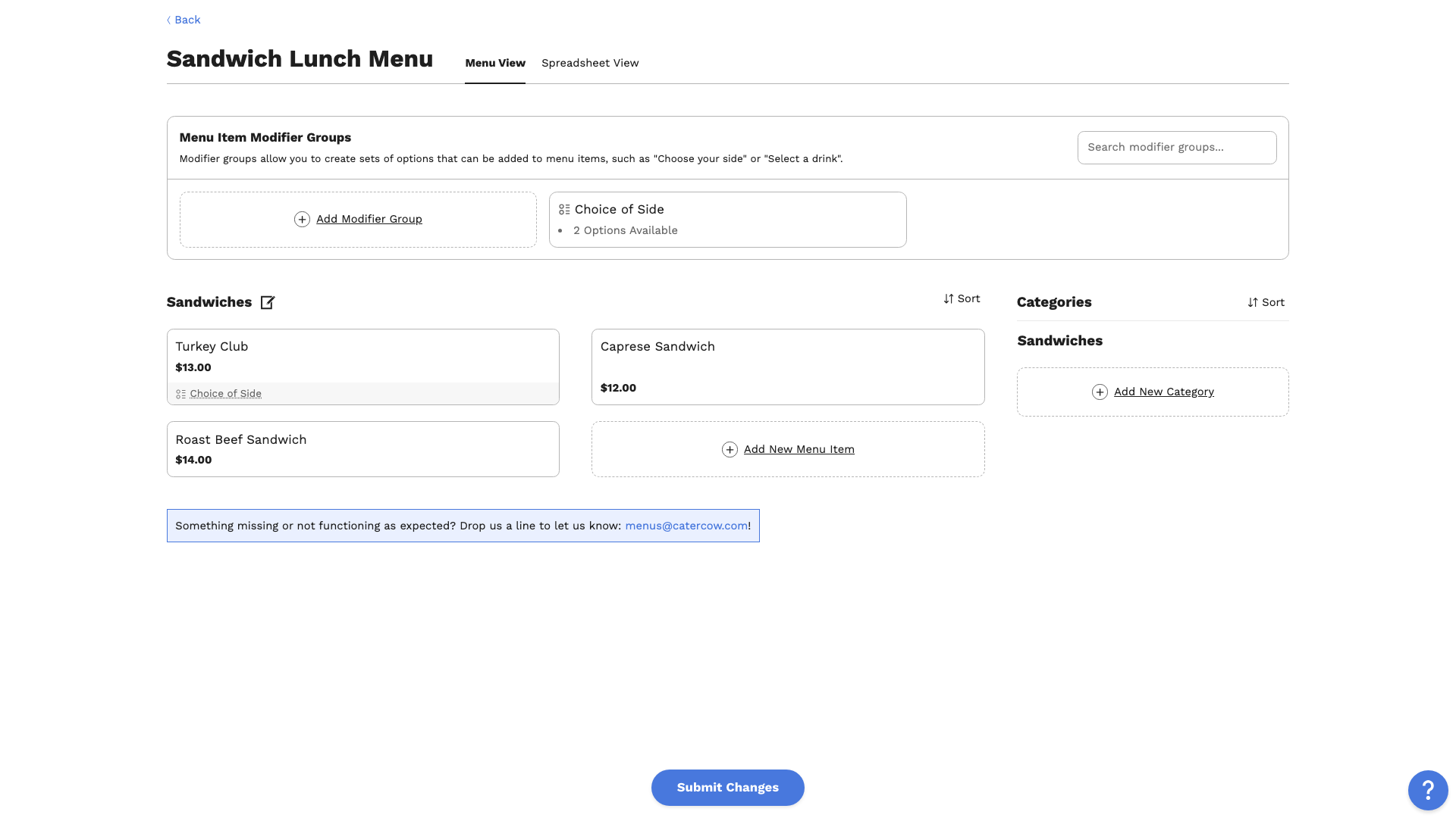The menu editor with Choice of Side shown under the Turkey Club