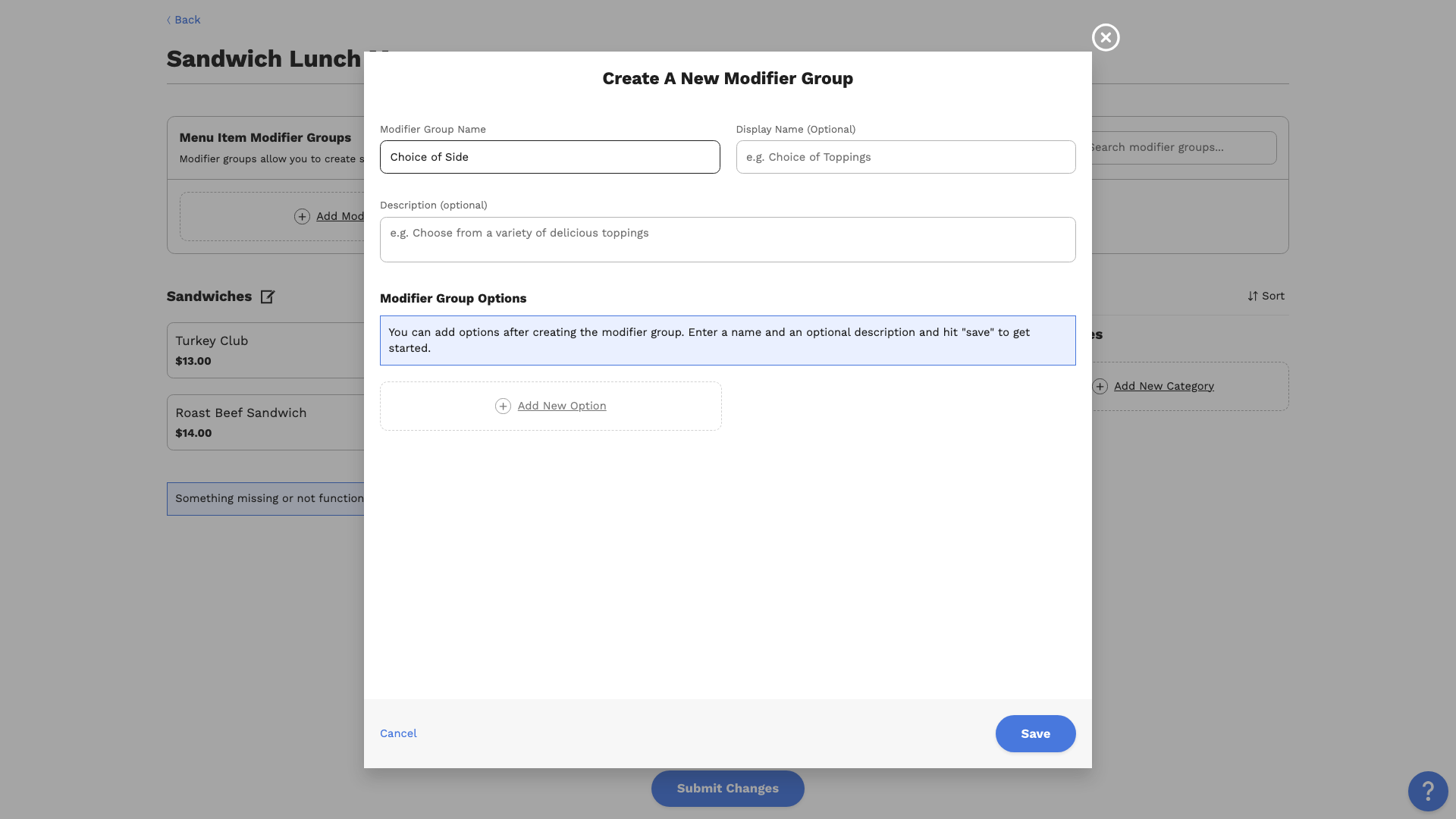 The new modifier group form with the name Choice of Side