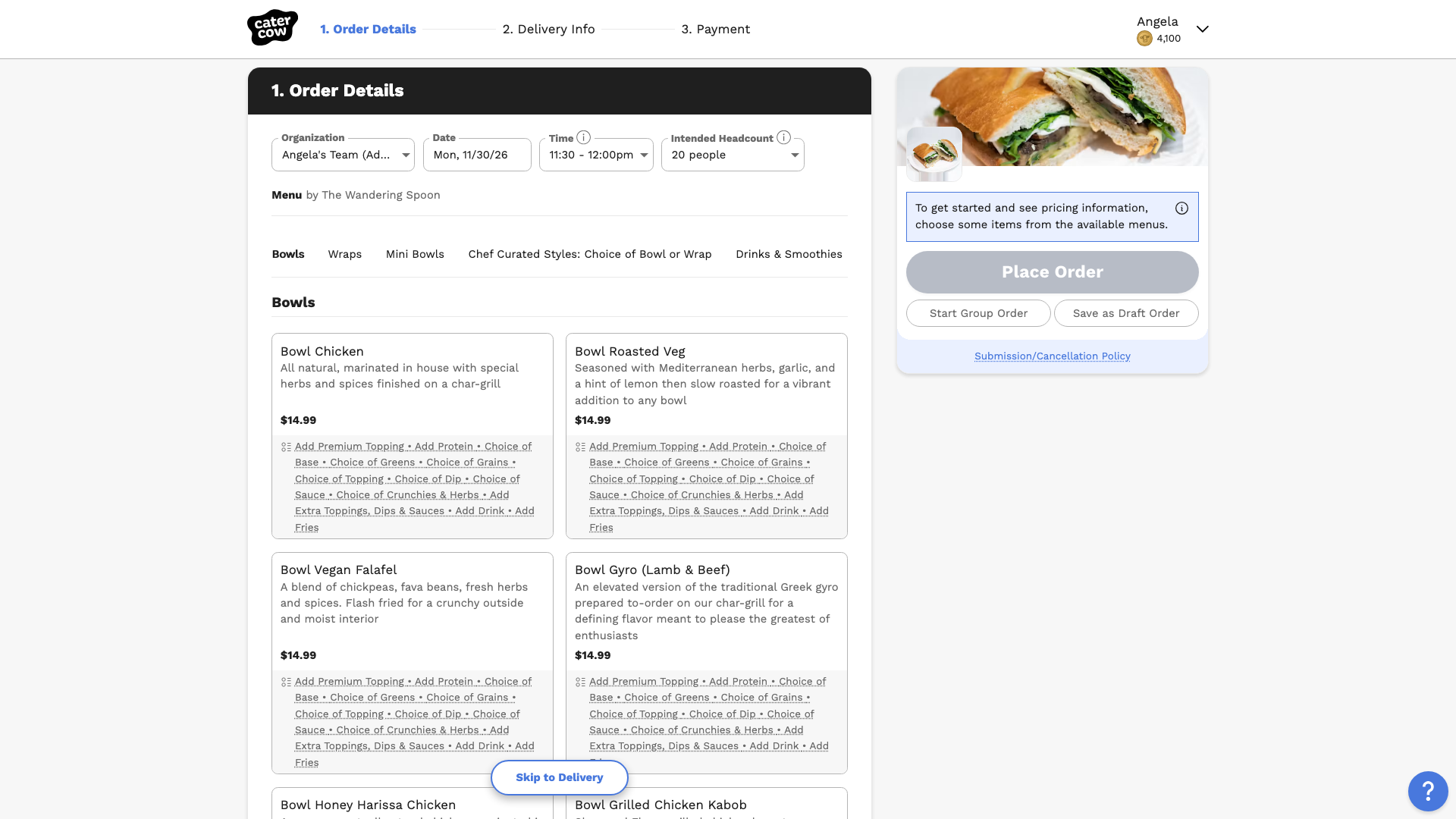 The checkout page with the restaurant’s menu sorted into categories and an empty cart