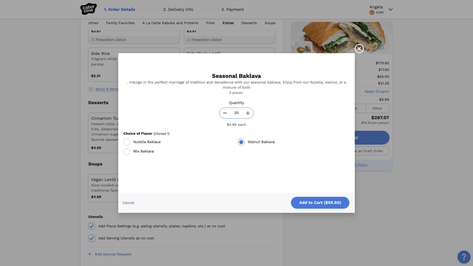 A dish’s window with the quantity set to 20, a flavor chosen, and the Add to Cart button