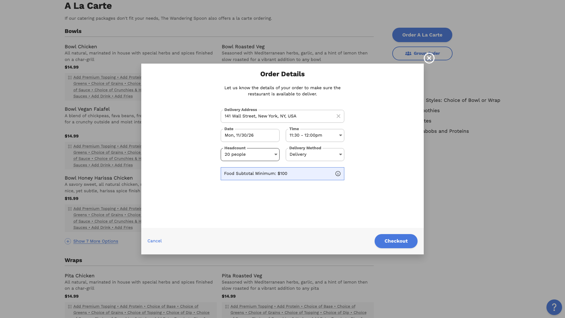 The Order Details window with the address, date, time, and headcount filled in, and a food subtotal minimum of $100