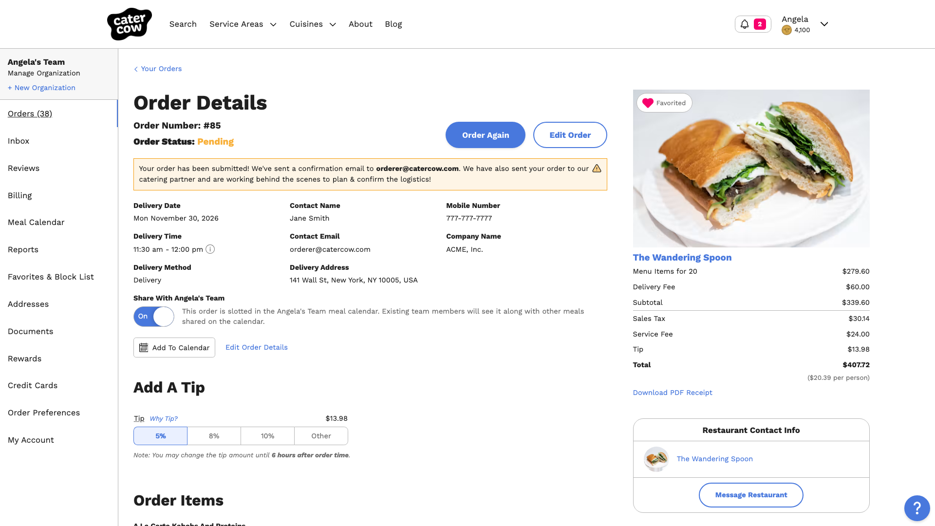 The order page showing the order status Pending