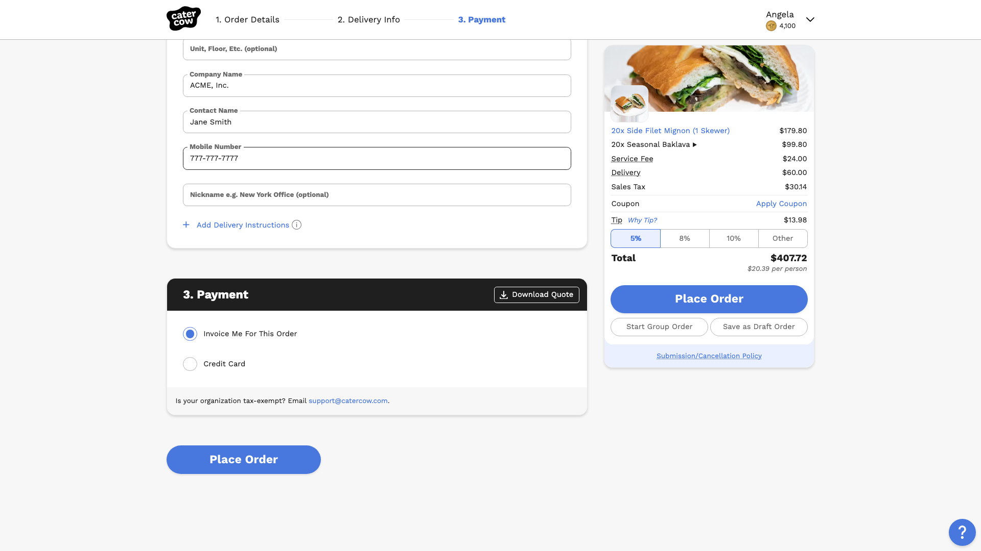 The Delivery Info fields filled in, the Payment section, and the cart with two dishes and the order total