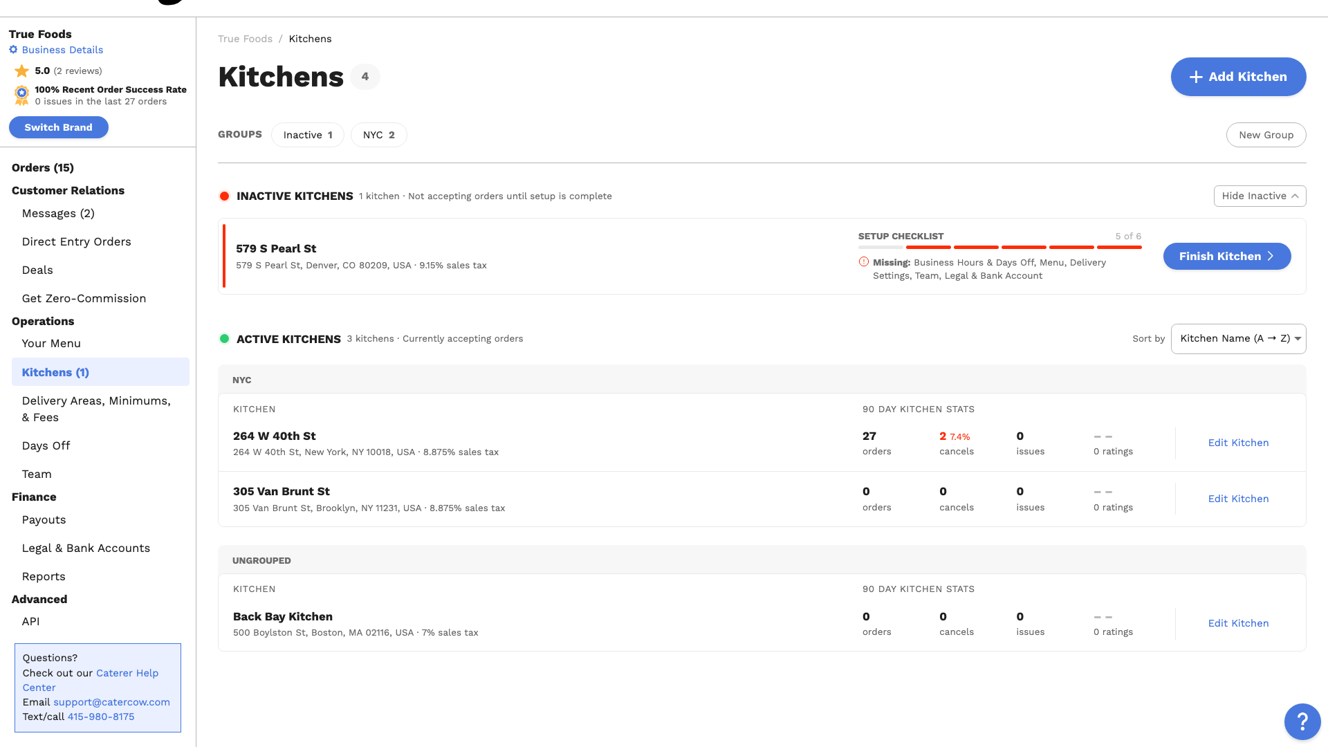 The Kitchens page, with an Edit Kitchen link on each active kitchen’s row