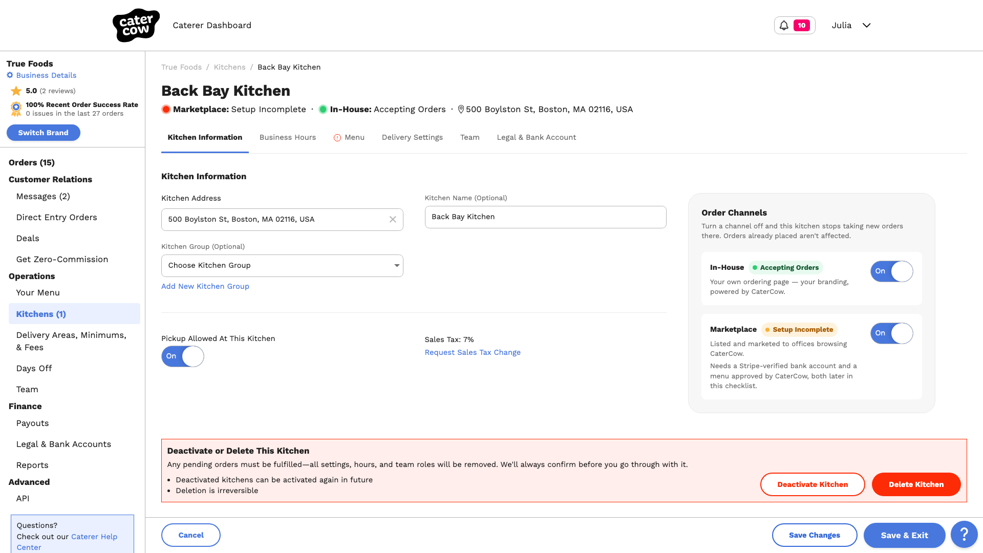 The Kitchen Information tab with Pickup Allowed At This Kitchen switched on