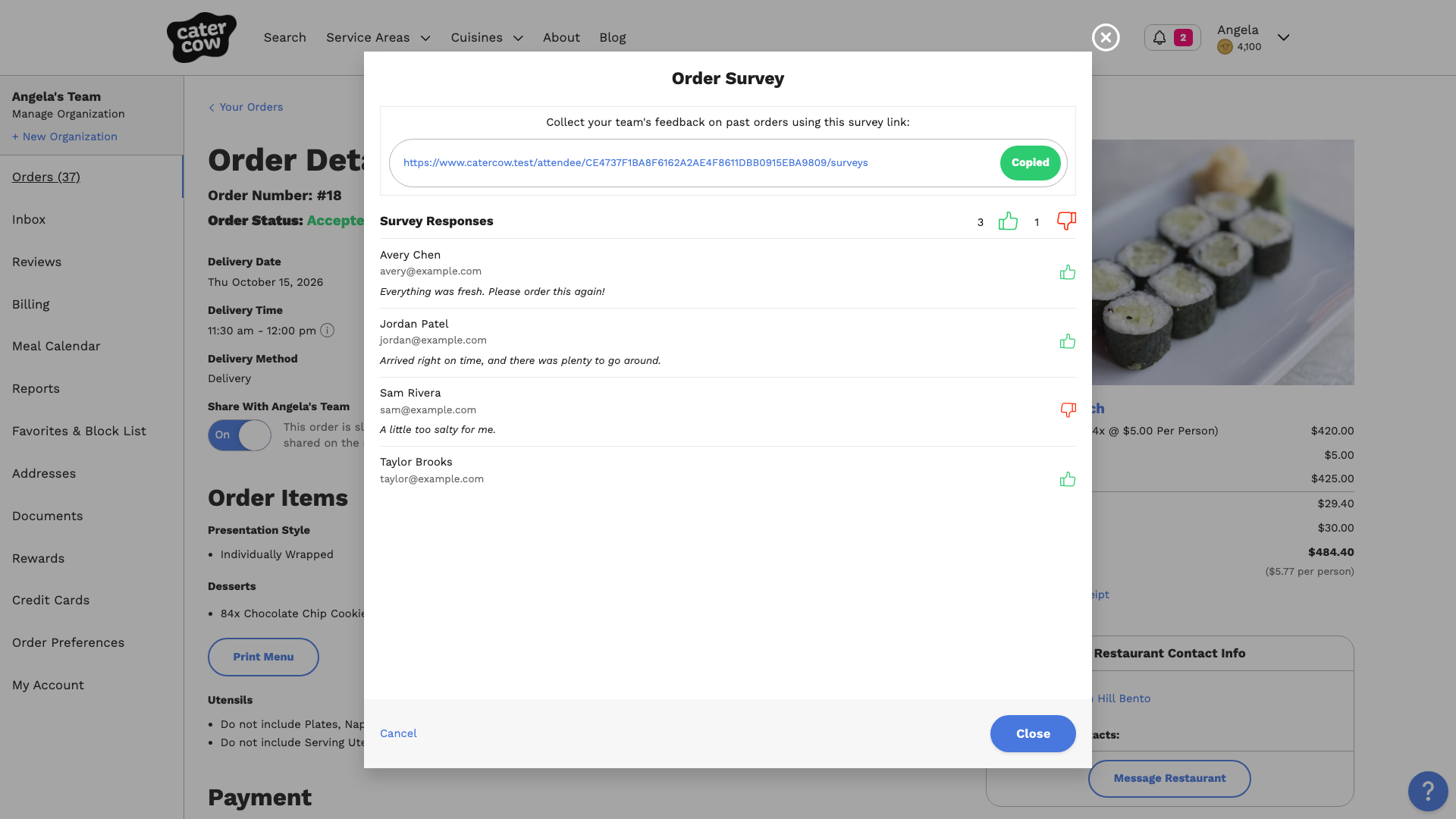 Survey responses for a past order, with a tally of 3 thumbs up and 1 thumbs down above four responses that show each teammate’s name, email, rating, and comment