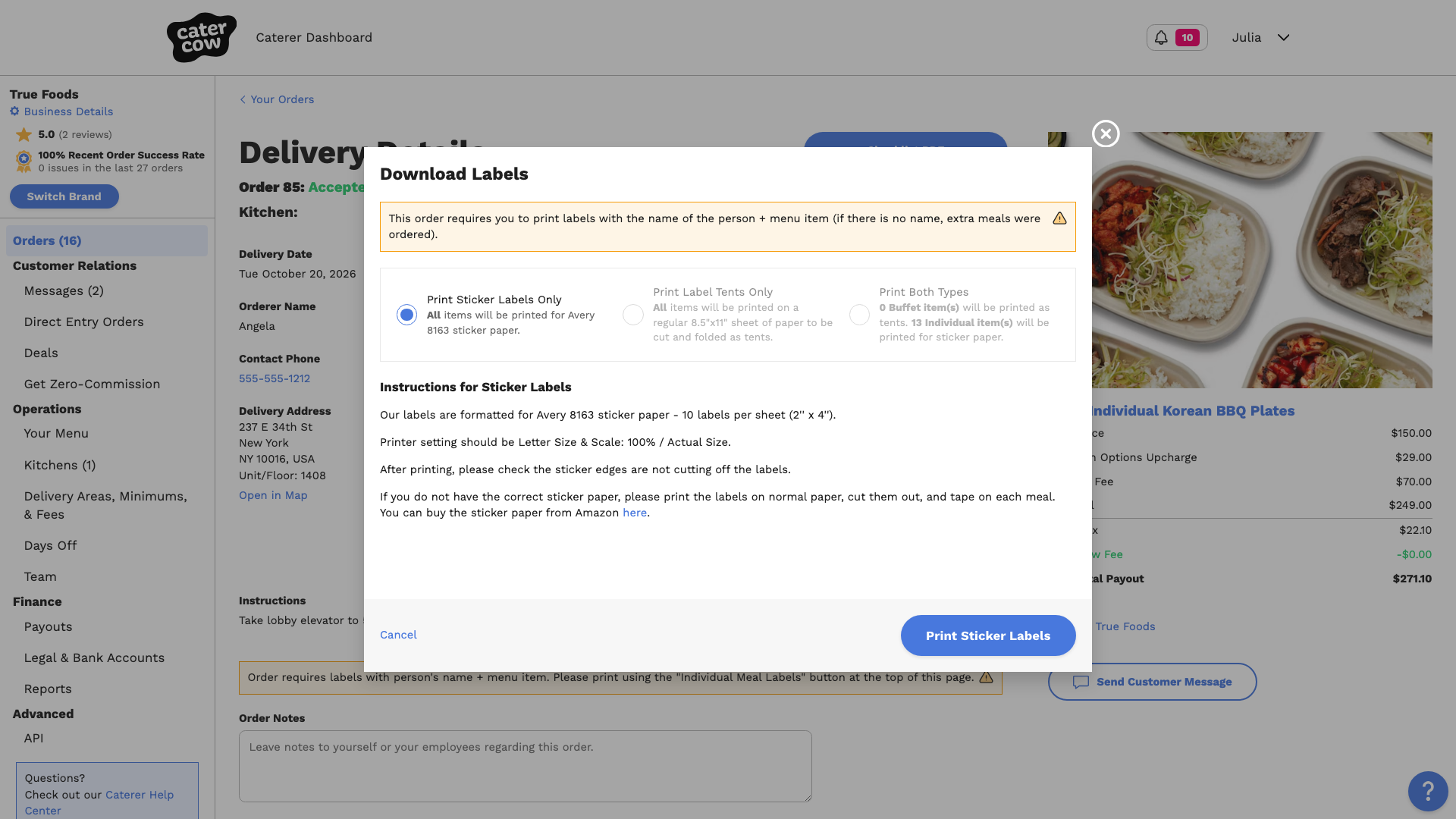 The Download Labels window for a group order, with Print Sticker Labels Only selected and the other two options grayed out