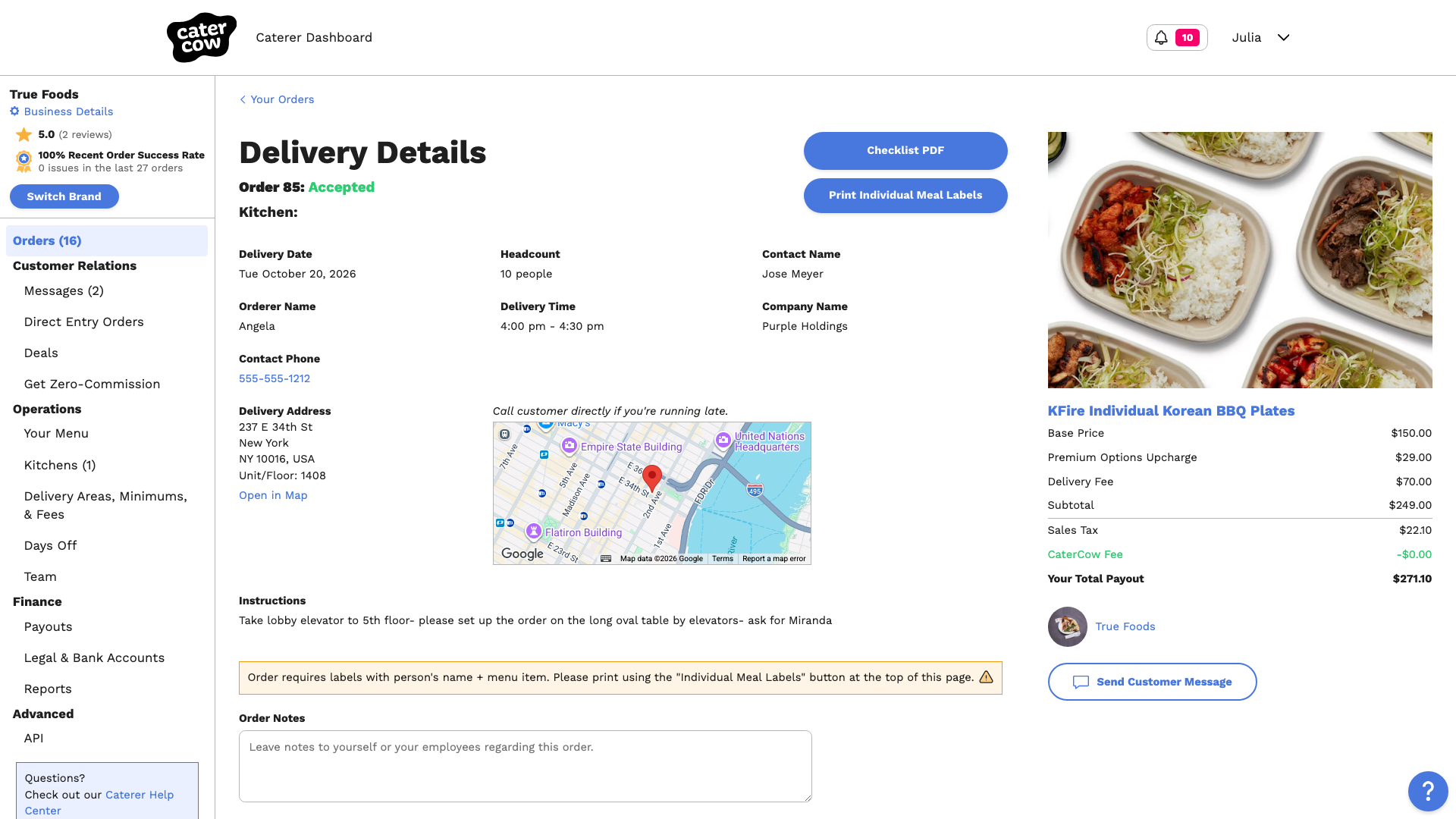 An accepted group order’s page with the Checklist PDF and Print Individual Meal Labels buttons at the top