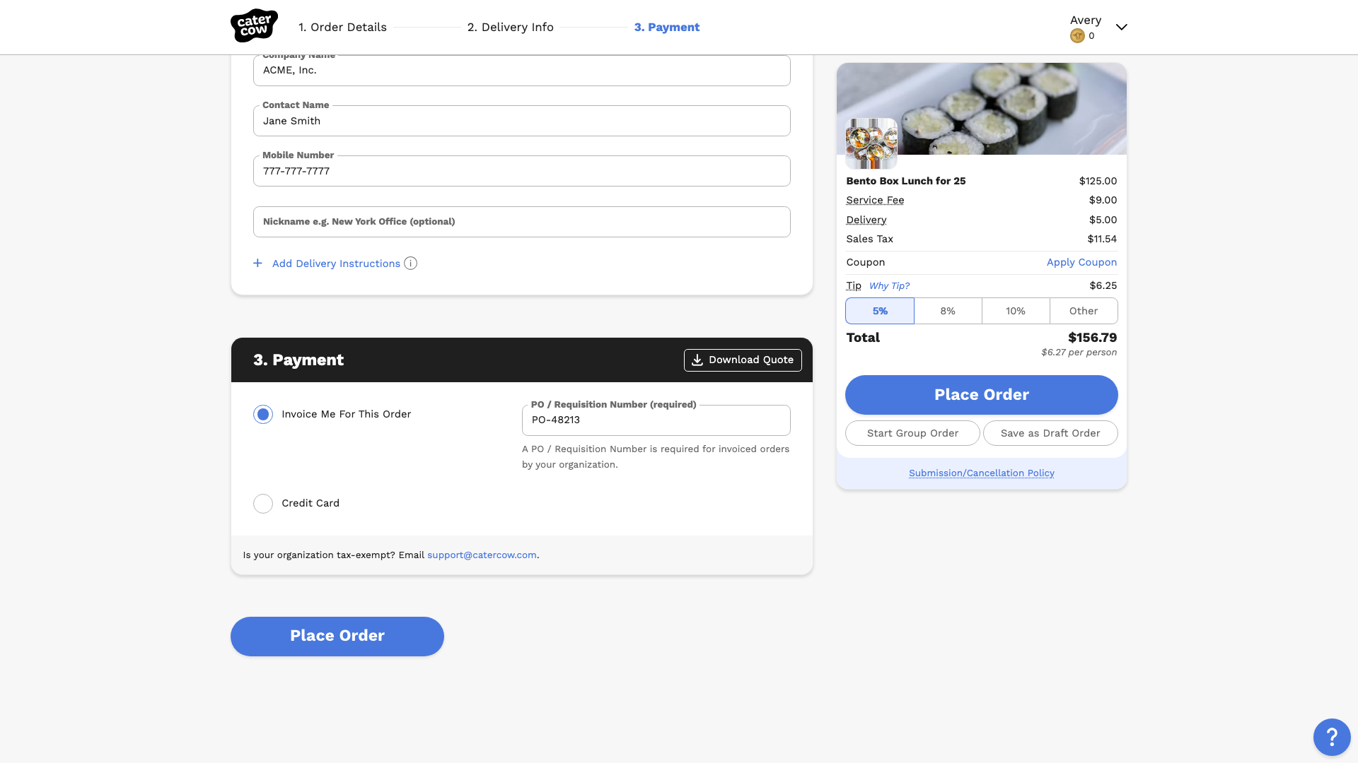 The PO / Requisition Number box at checkout with a PO number entered