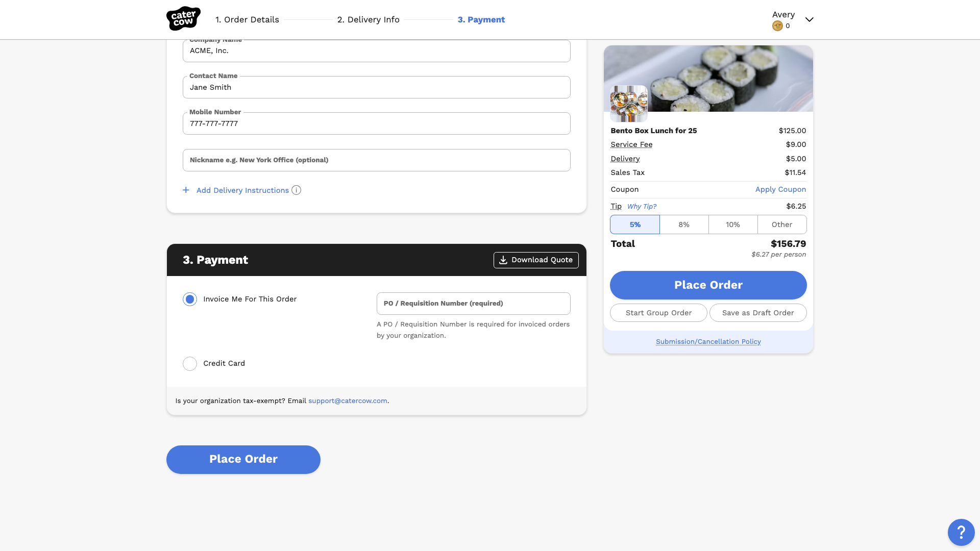 The checkout Payment section with Invoice Me For This Order selected and an empty PO / Requisition Number (required) box beside it