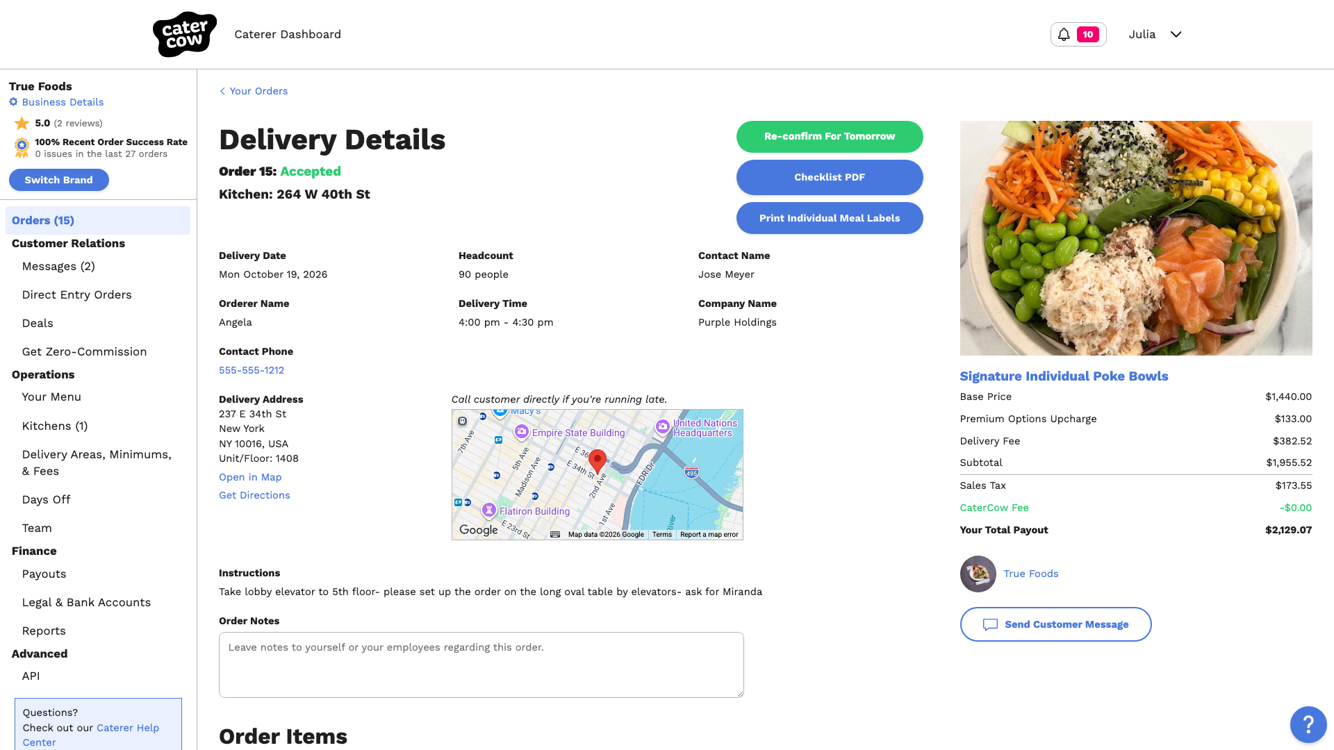 The order page with the Re-confirm For Tomorrow button at the top