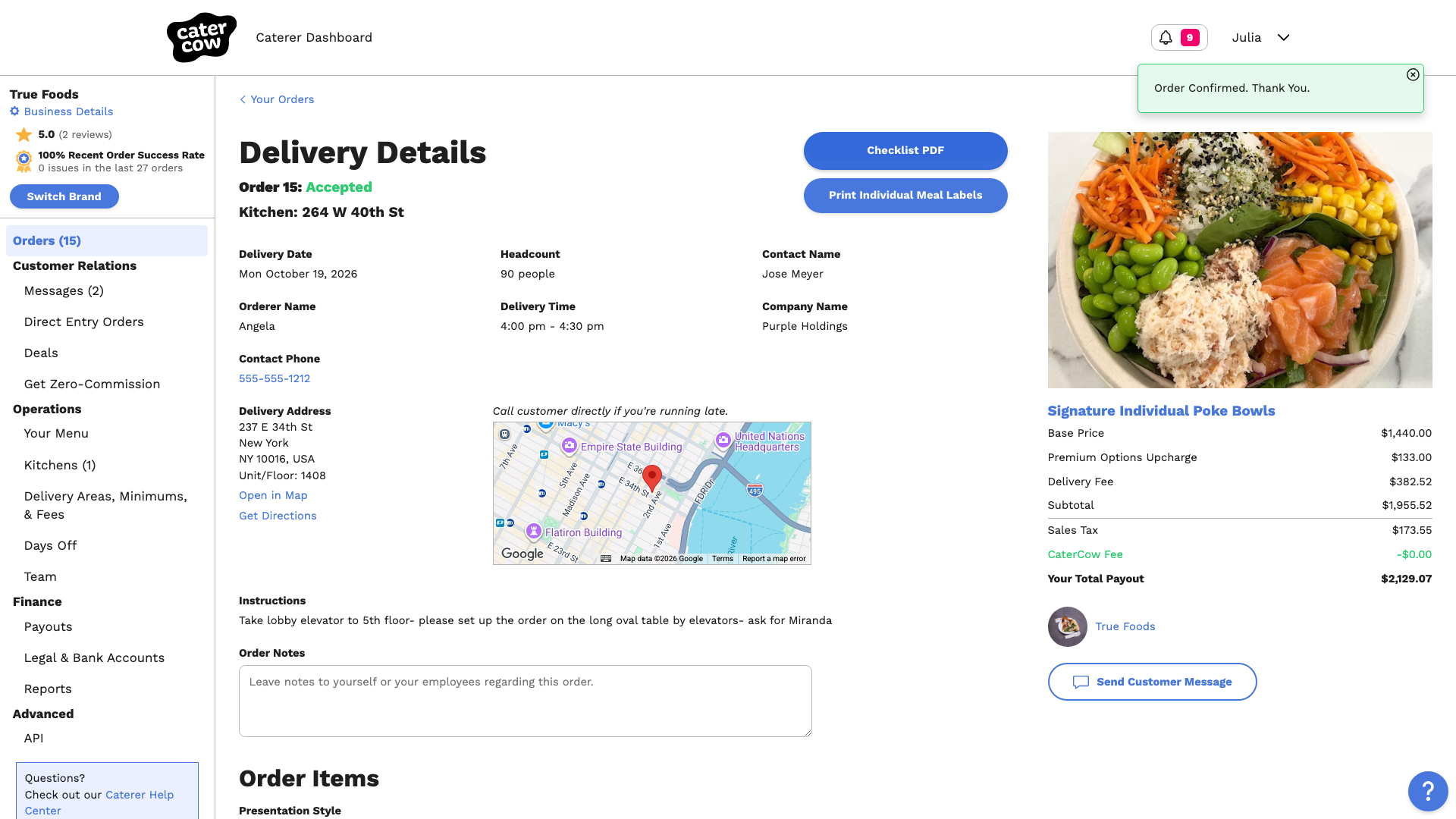 The order page after re-confirming, with the Re-confirm For Tomorrow button gone
