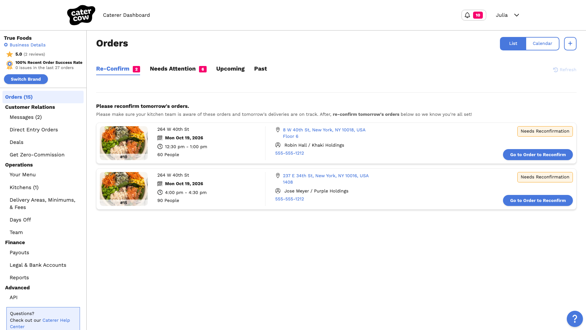 The Re-Confirm tab on the Orders page, with an order marked Needs Reconfirmation