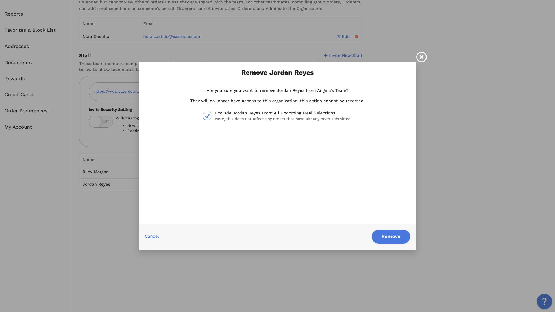The Remove Jordan Reyes popup with the Exclude Jordan Reyes From All Upcoming Meal Selections box checked