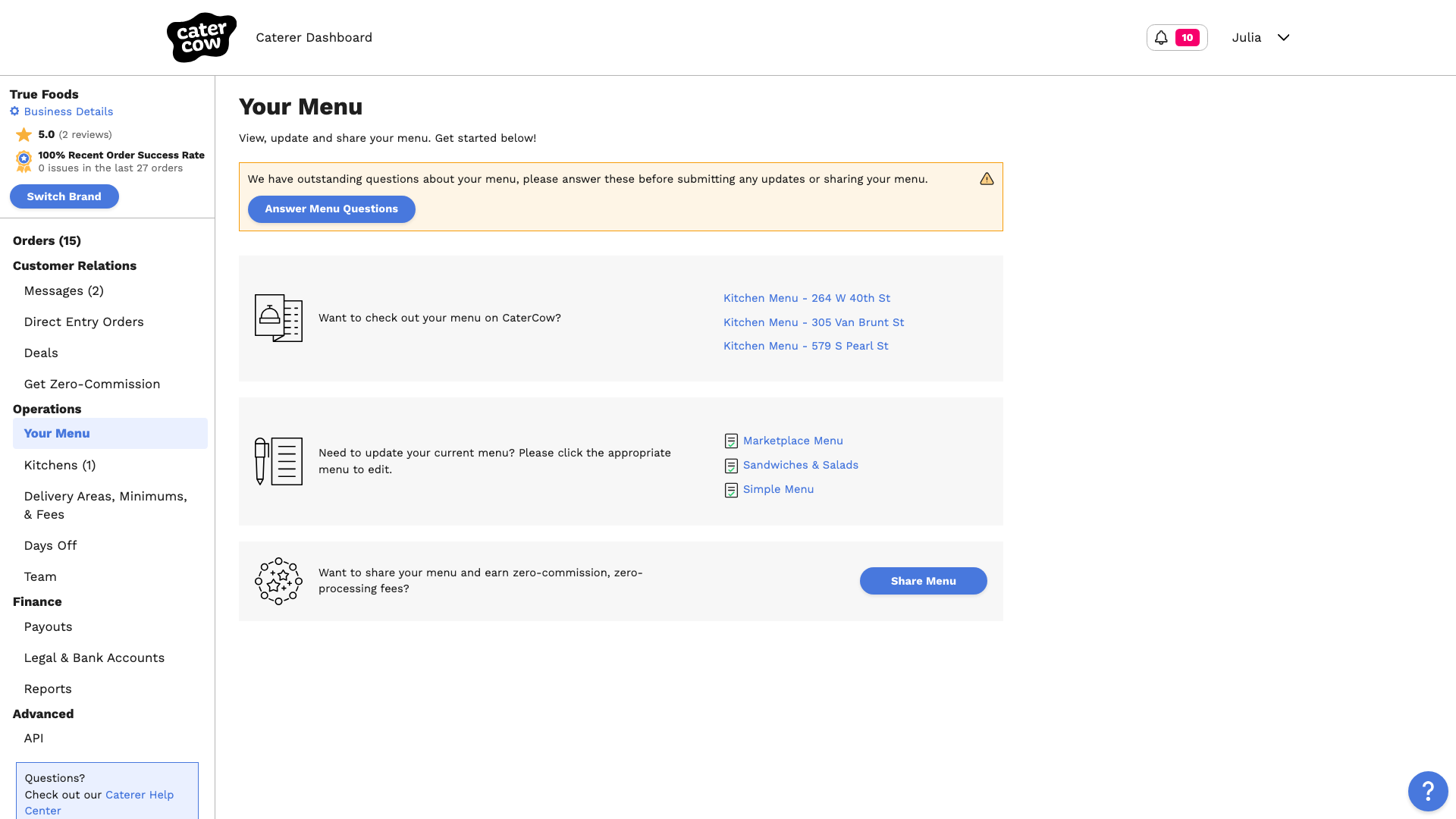 The Your Menu page with a banner about outstanding menu questions and the Answer Menu Questions button