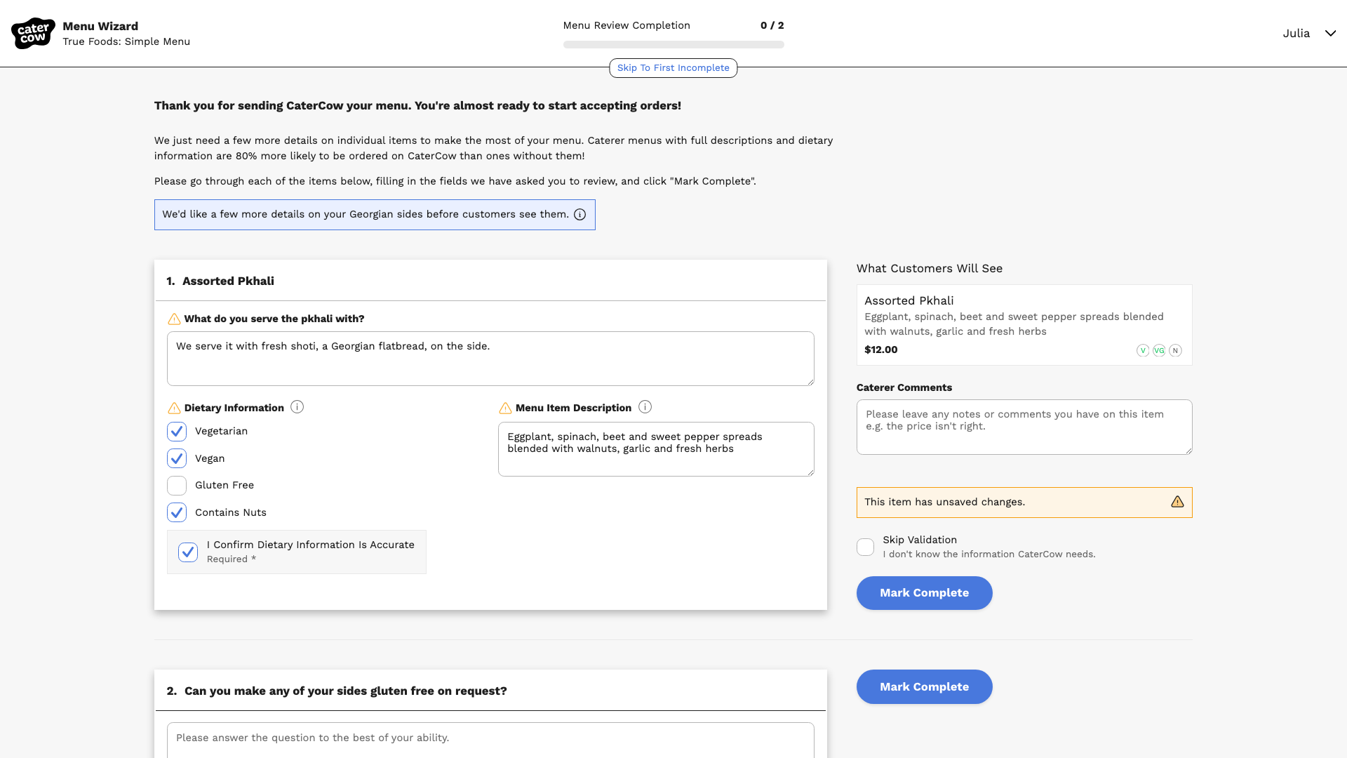 A flagged item with the answer, description, and dietary tags filled in, next to the What Customers Will See preview