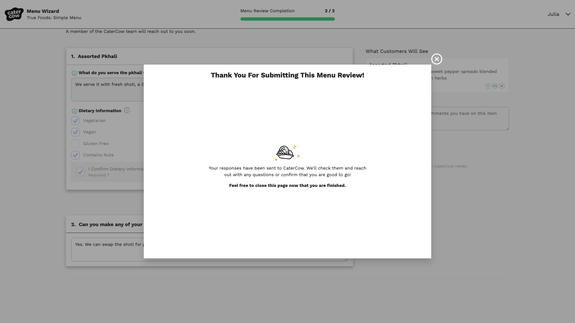 The Thank You For Submitting This Menu Review confirmation