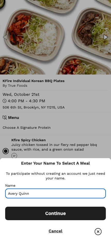 The Enter Your Name To Select A Meal panel with a name typed in and the Continue button
