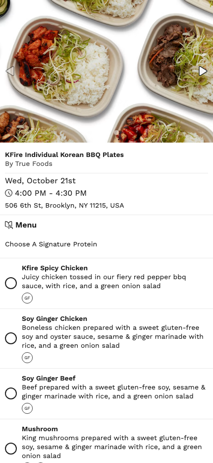 A group order opened from a guest link, with the menu on the left and the restaurant, date, time, and address on the right
