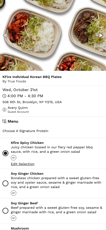 The group order with the chosen meal selected and the guest’s name marked Guest Account
