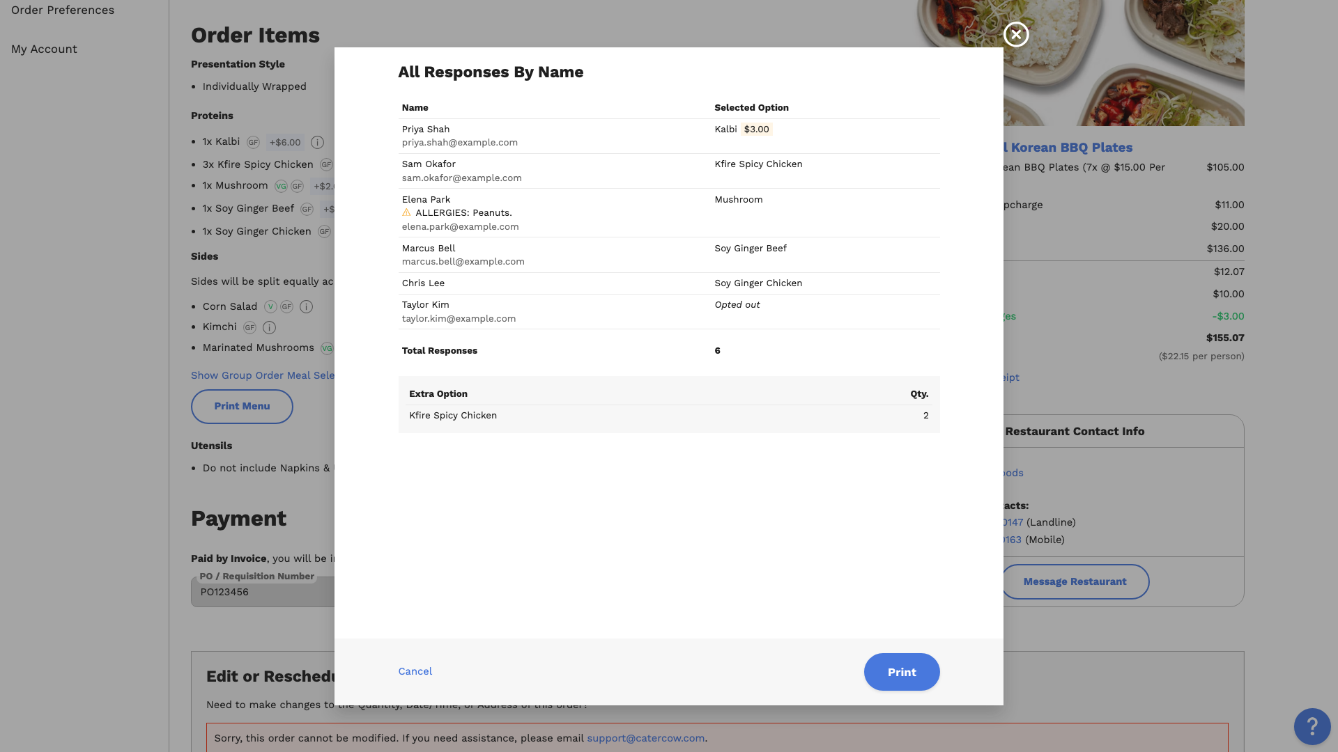 The All Responses By Name window on a placed group order, listing each teammate’s meal, a peanut allergy, a $3.00 overage on a Kalbi meal, and 2 extra meals
