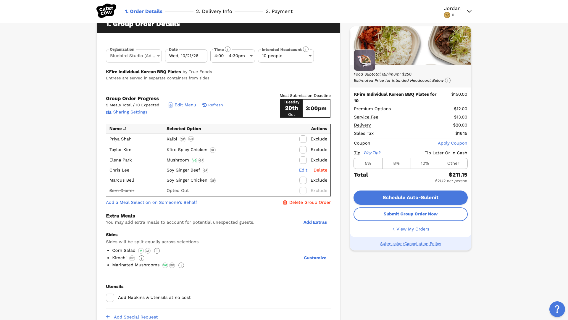 The group order page with Group Order Progress at 5 meals of 10 expected, and a responses table listing six teammates, their meals, and one opted out