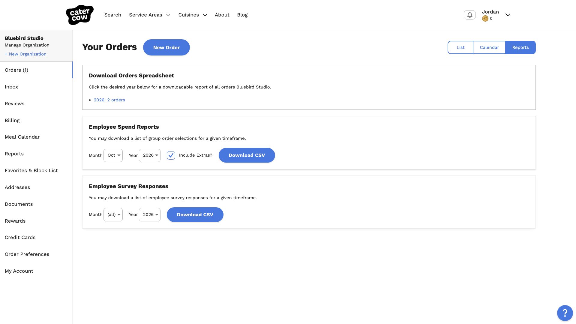 The Reports view of the Orders page, with Employee Spend Reports set to October 2026, Include Extras? checked, and the Download CSV button
