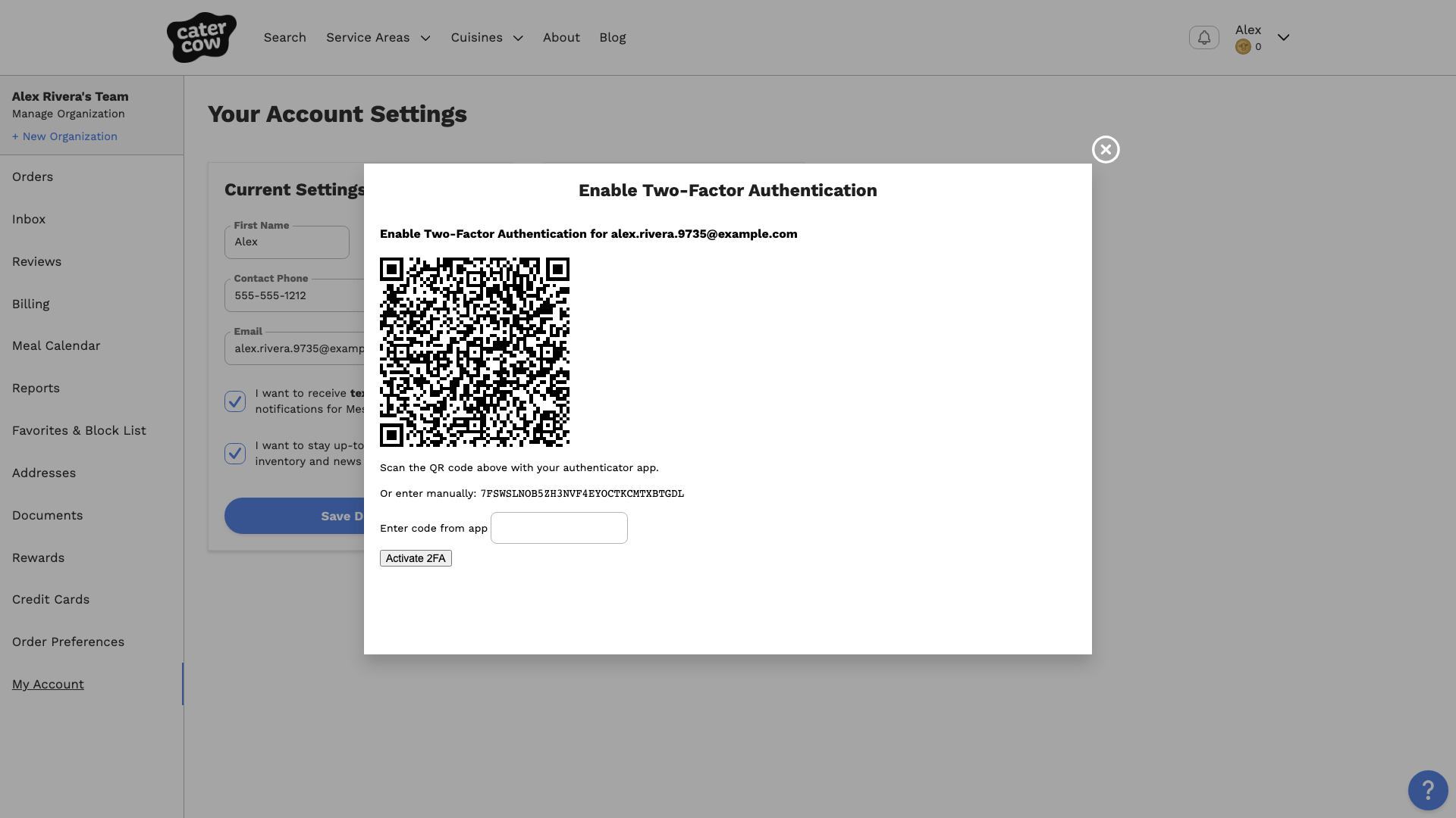 The Enable Two-Factor Authentication window with a QR code, a code to enter manually, and an Enter code from app field