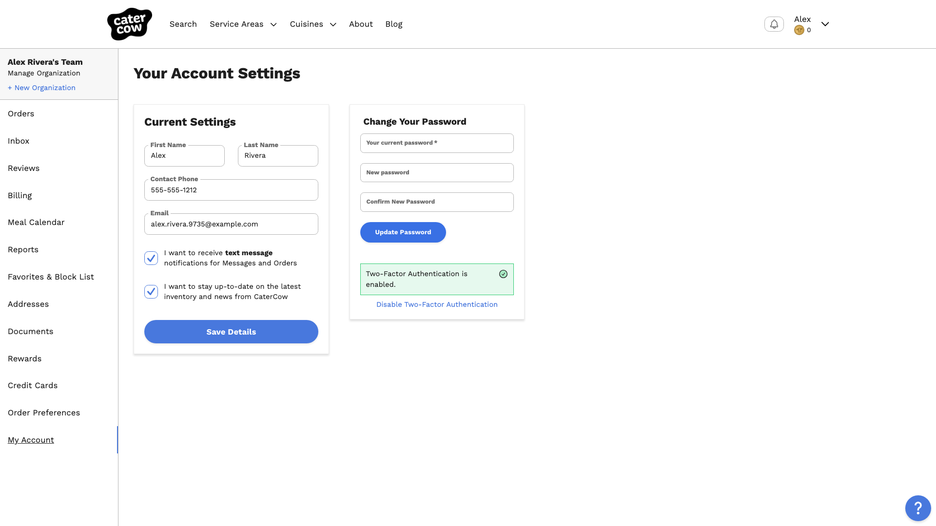 The account settings page showing Two-Factor Authentication is enabled and a Disable Two-Factor Authentication link