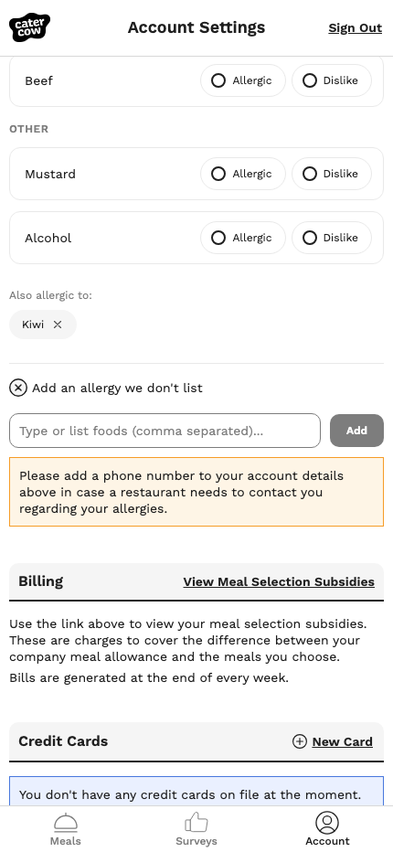 Kiwi listed under Also allergic to, with a note asking for a phone number