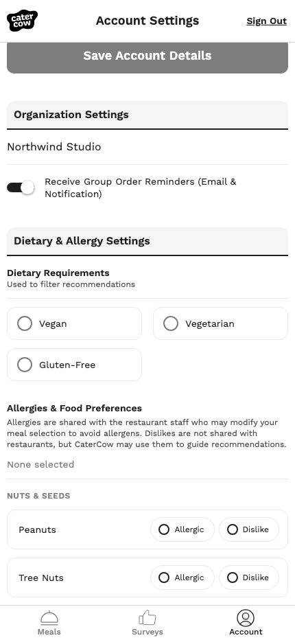 The Dietary & Allergy Settings section of the Account page, with nothing selected