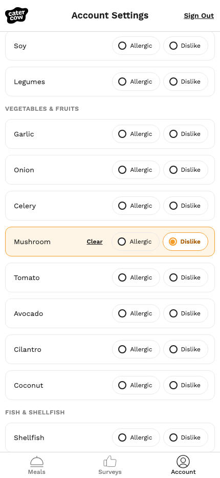Mushroom marked Dislike in the Vegetables & Fruits group