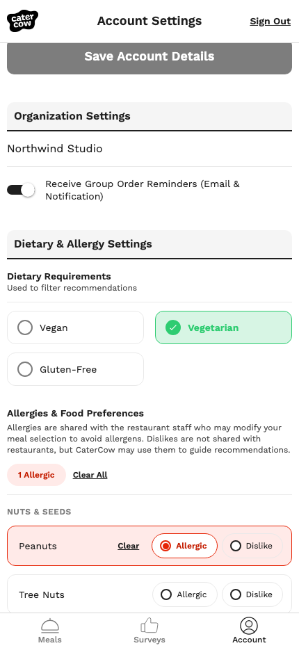 Vegetarian chosen under Dietary Requirements and Peanuts marked Allergic