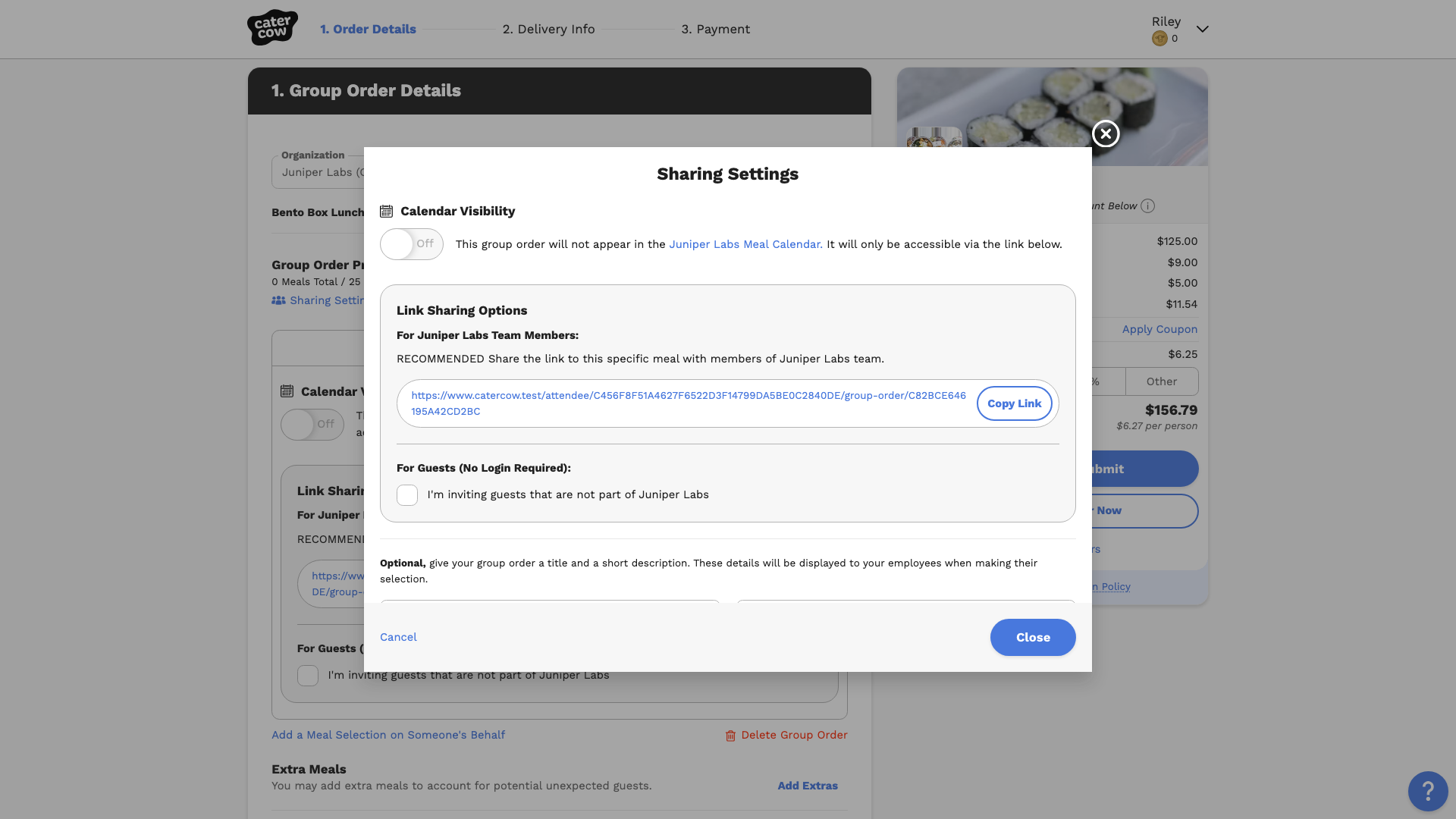 The Sharing Settings popup with Calendar Visibility turned off and a link to this specific group order