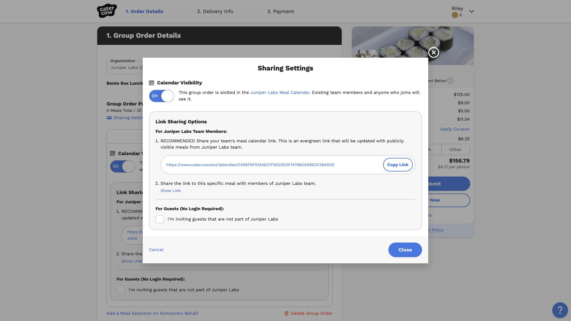 The Sharing Settings popup with Calendar Visibility turned on and the team meal calendar link listed first