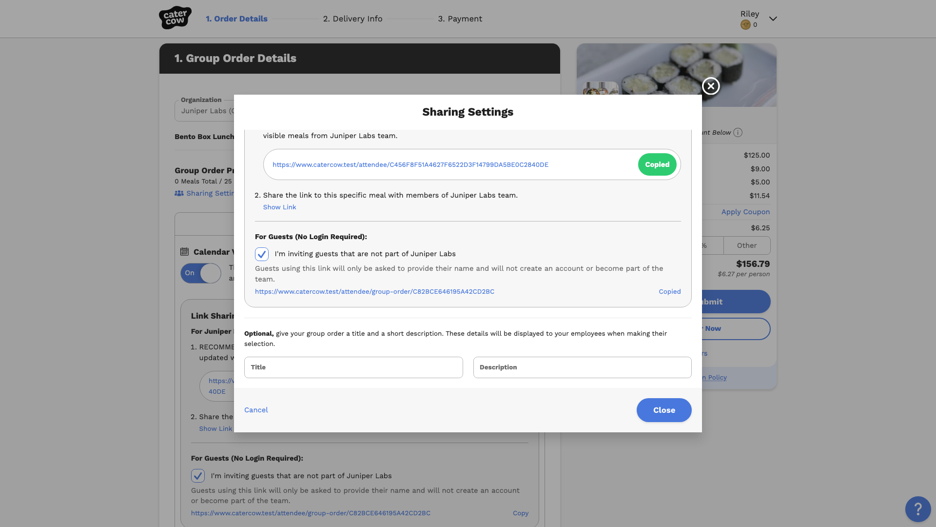 The guest checkbox checked, with the guest link and its Copy action