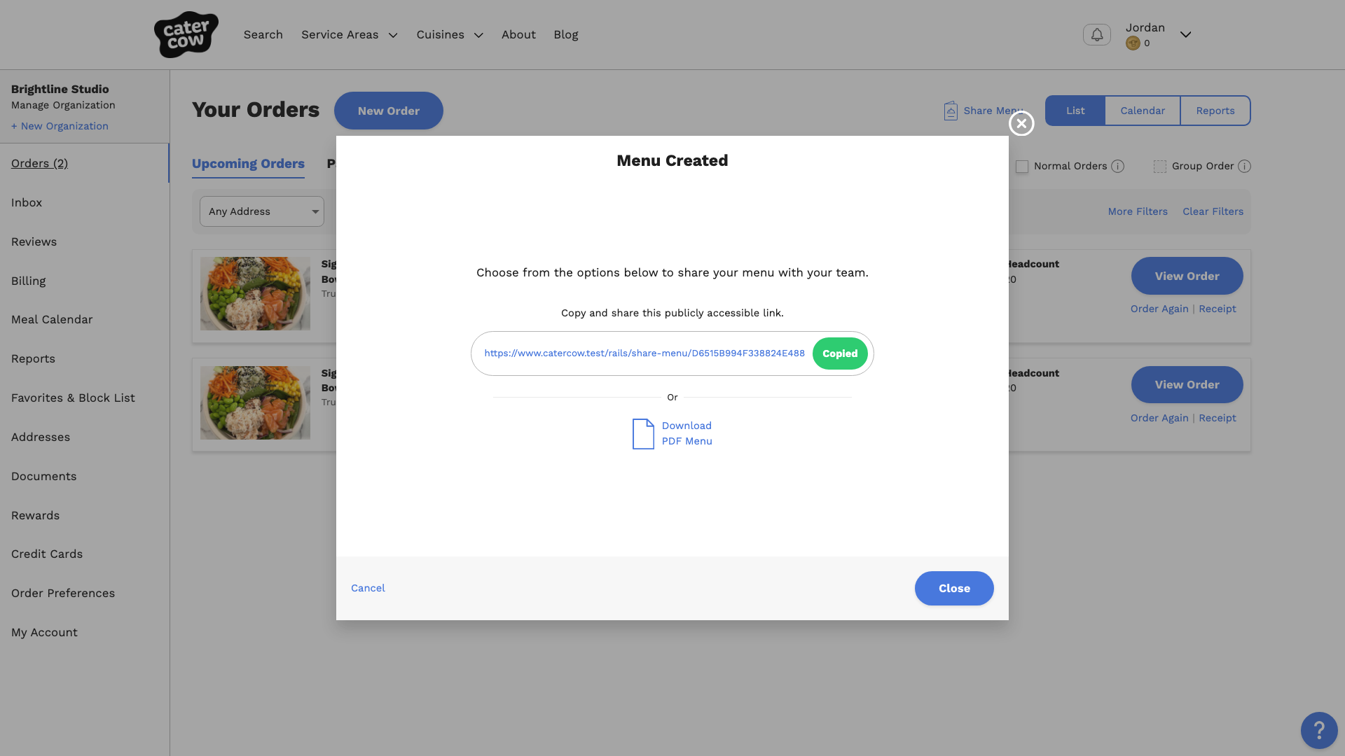 The Menu Created window, with the menu’s link, a Copied button, and the Download PDF Menu link