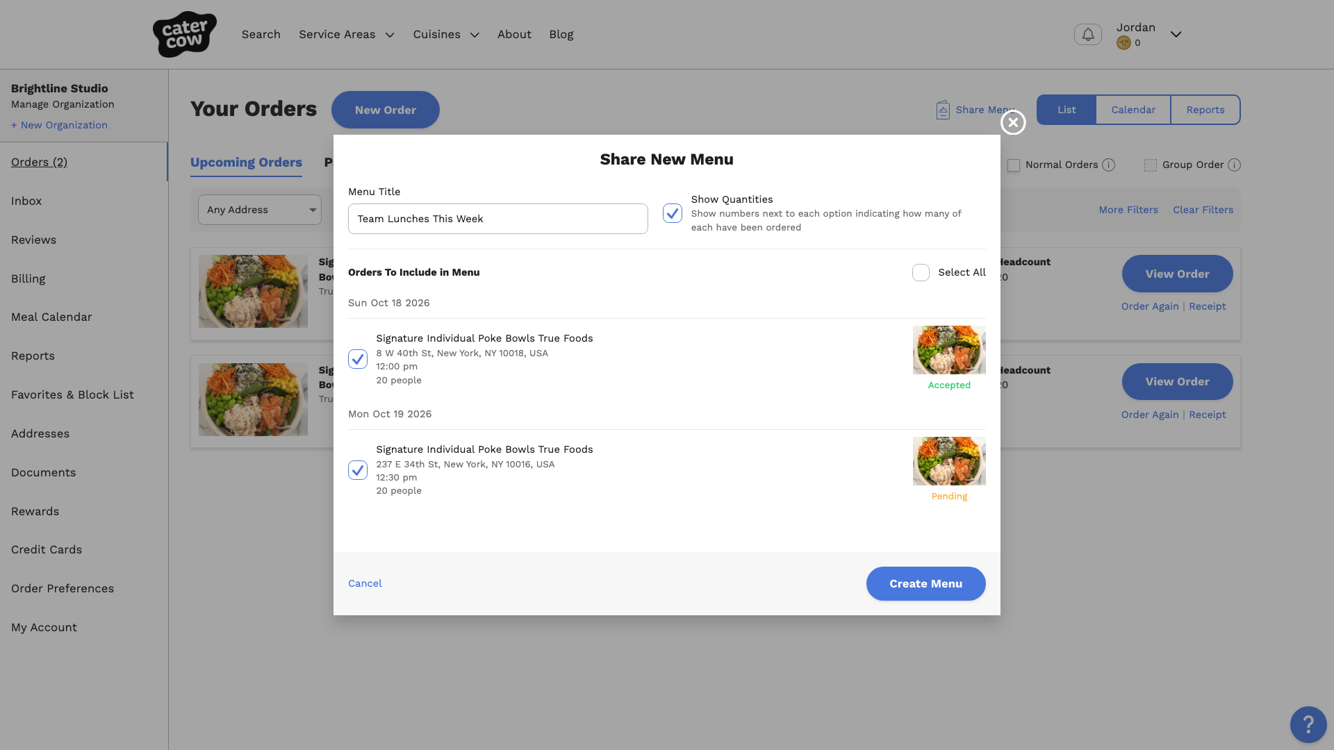 The Share New Menu window with the title Team Lunches This Week and Show Quantities checked