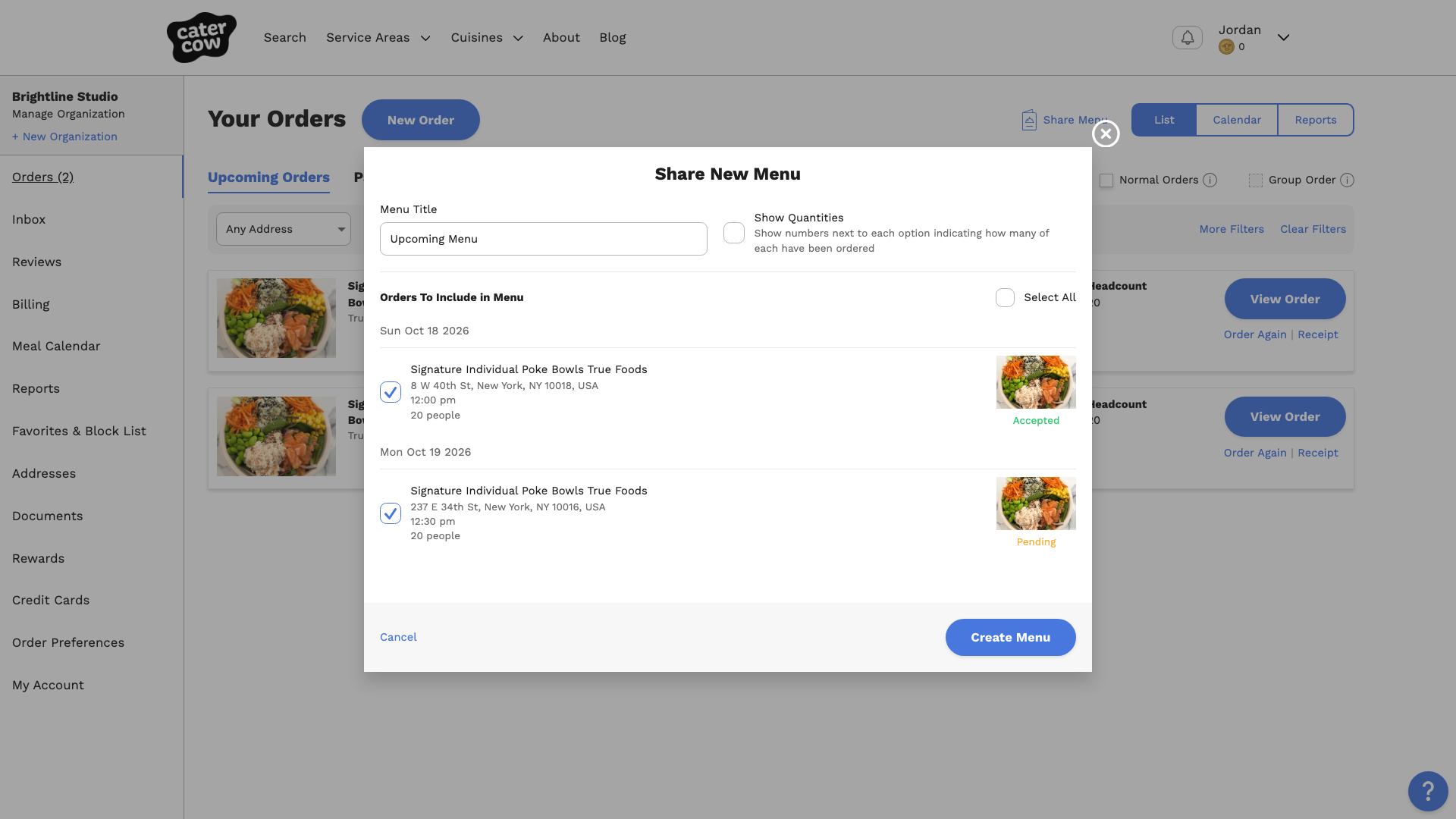 The Share New Menu window, with two upcoming orders checked under Orders To Include in Menu