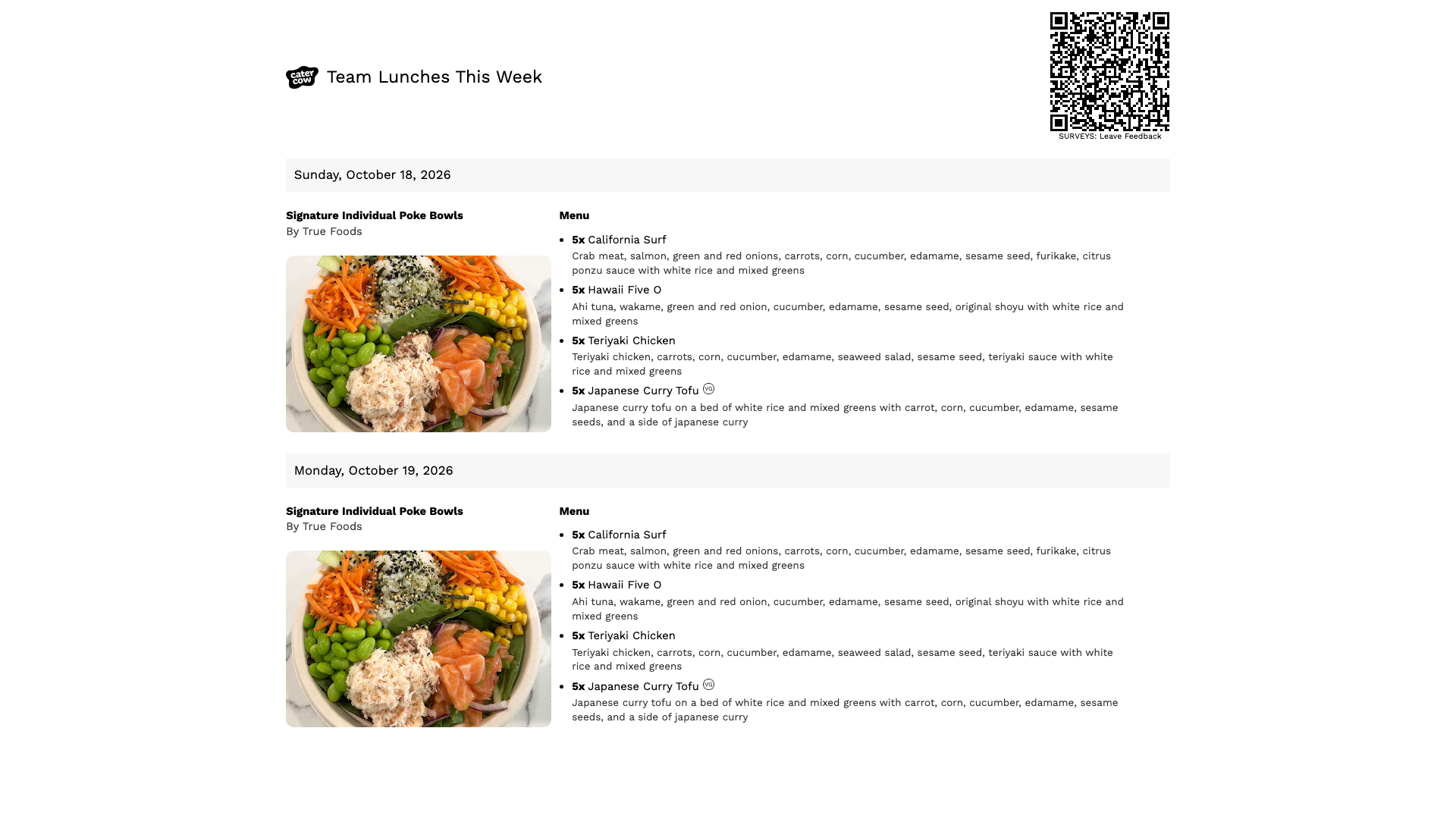 A shared menu titled Team Lunches This Week, showing two days of orders with item counts