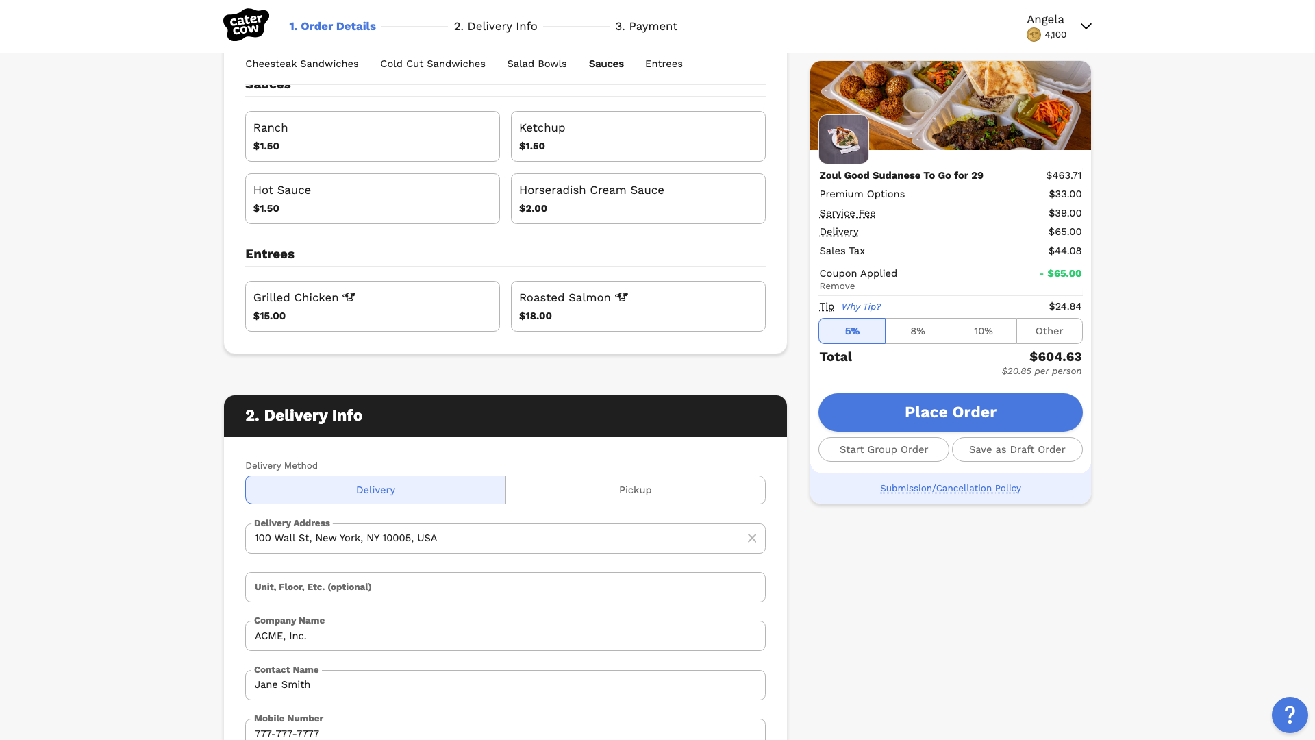The checkout pricing summary showing Coupon Applied with a discount equal to the delivery fee, and a Remove link
