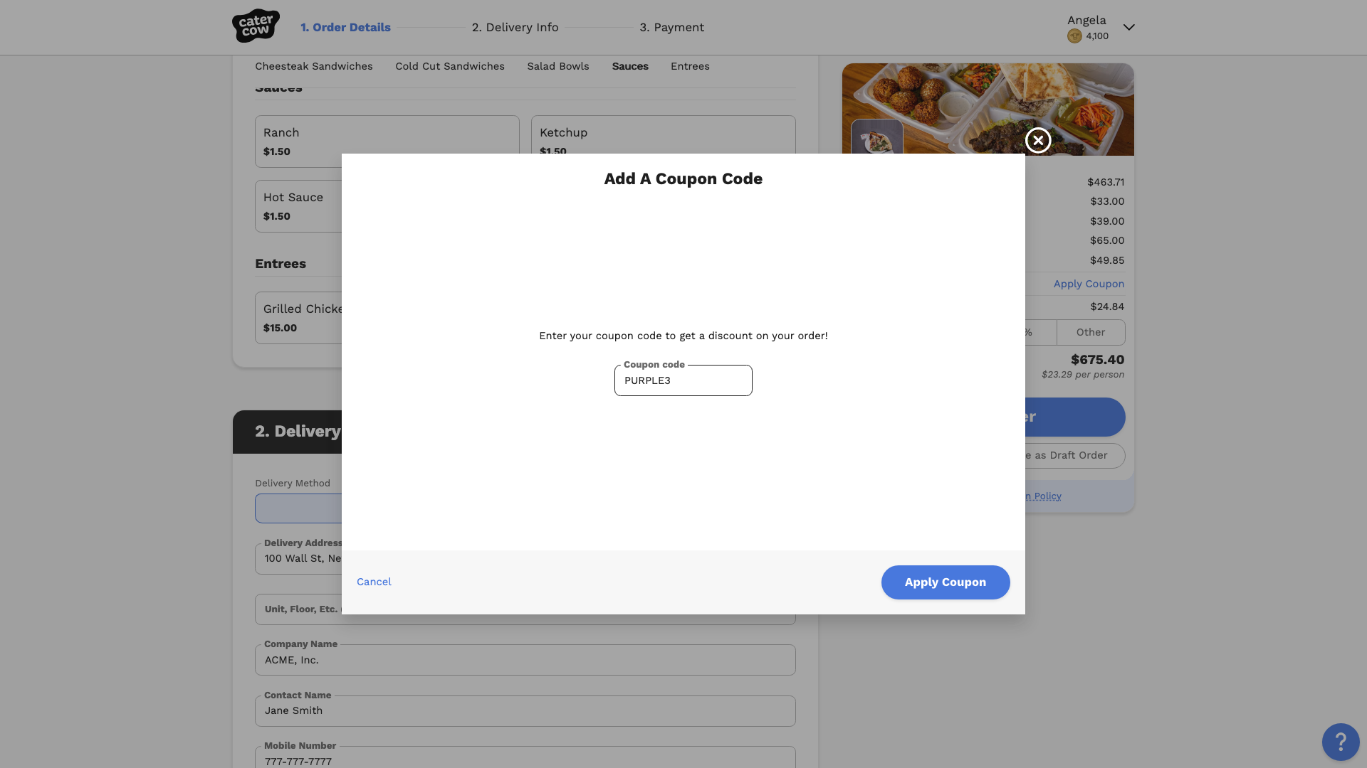 The Add A Coupon Code popup with a code typed into the Coupon code box and the Apply Coupon button