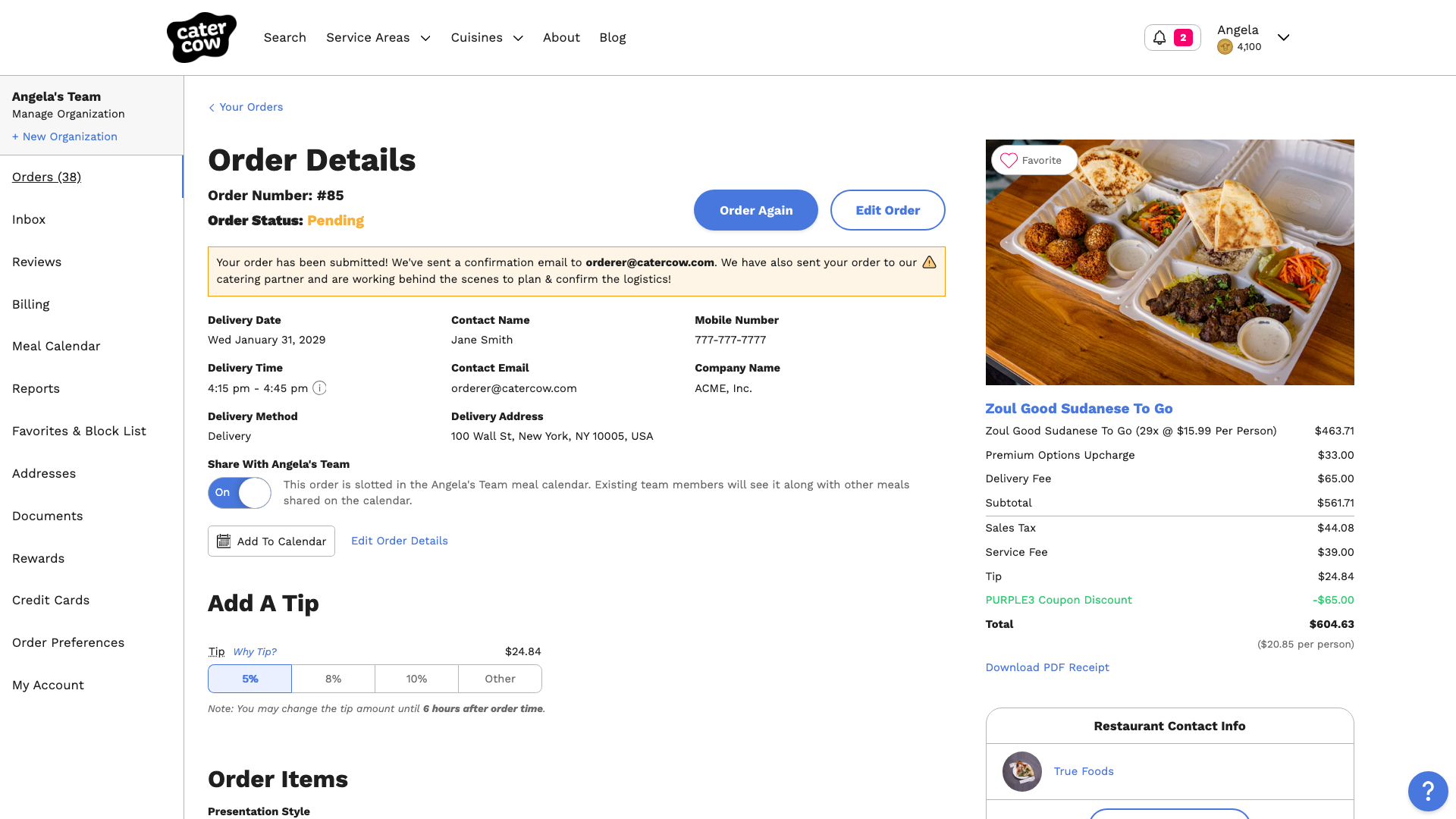 The Order Details page showing the coupon discount in the pricing summary