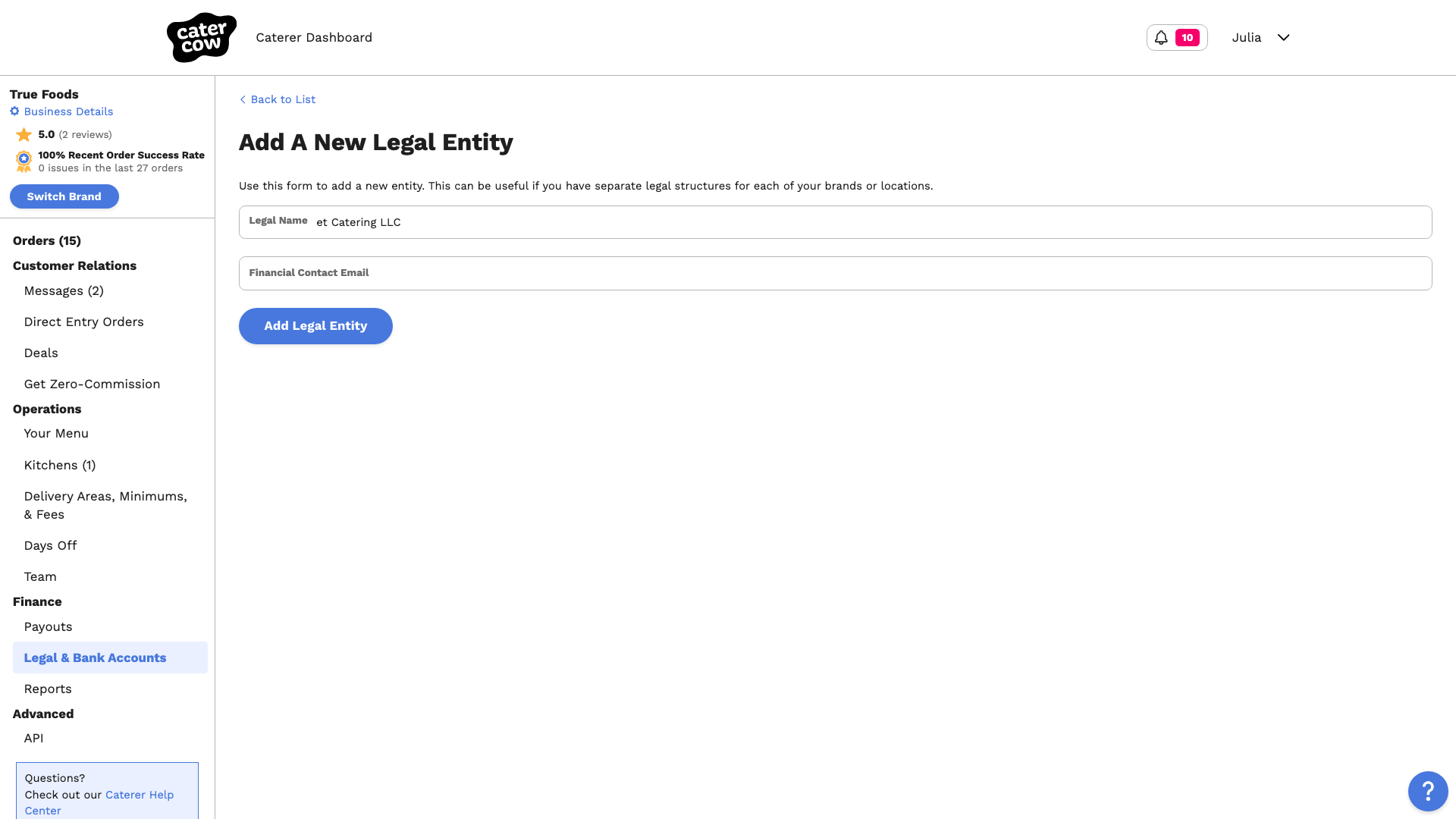 The Add A New Legal Entity form with the Legal Name and Financial Contact Email filled in