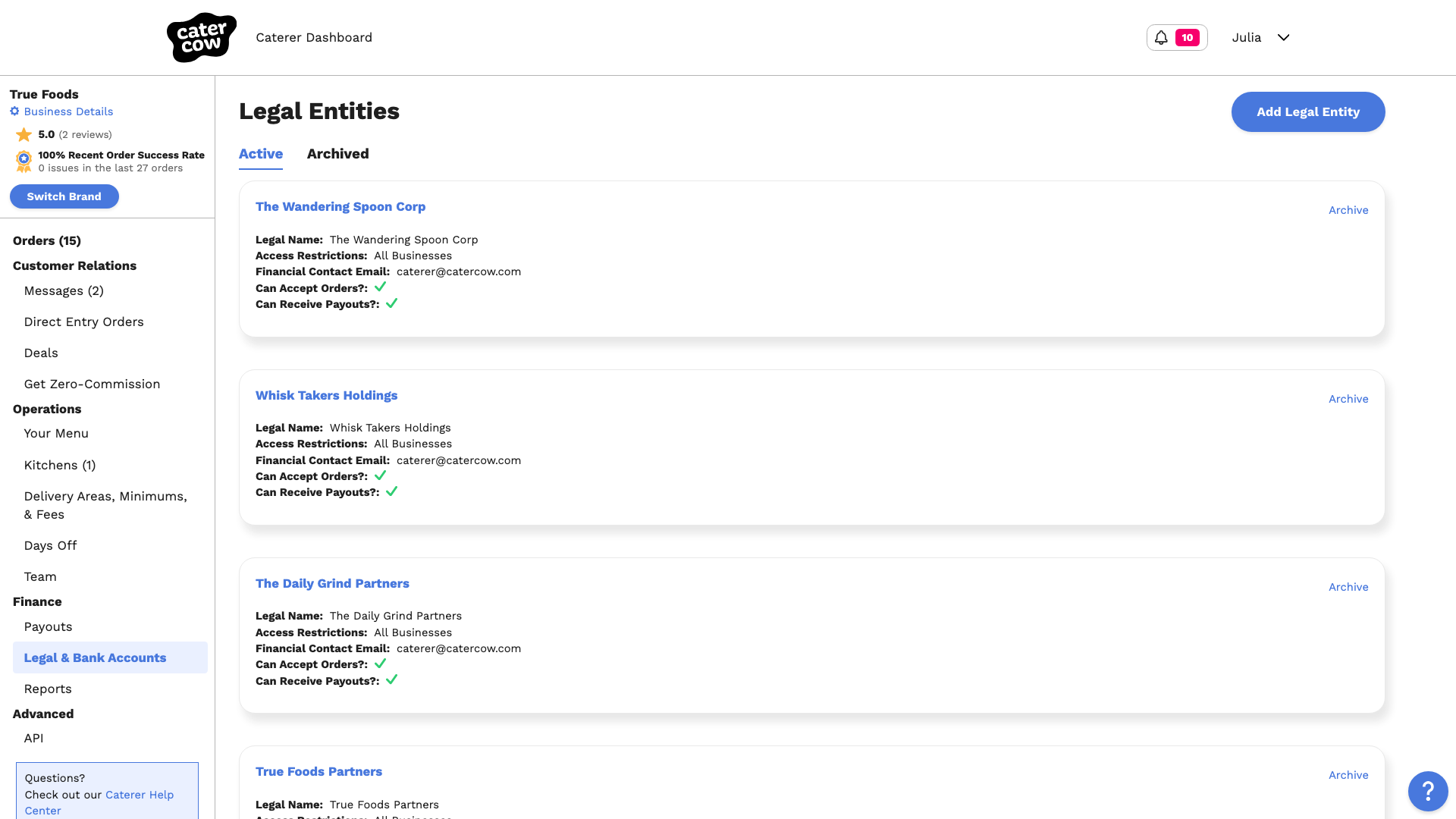 The Legal Entities page listing each legal entity on the account, with an Add Legal Entity button in the top right