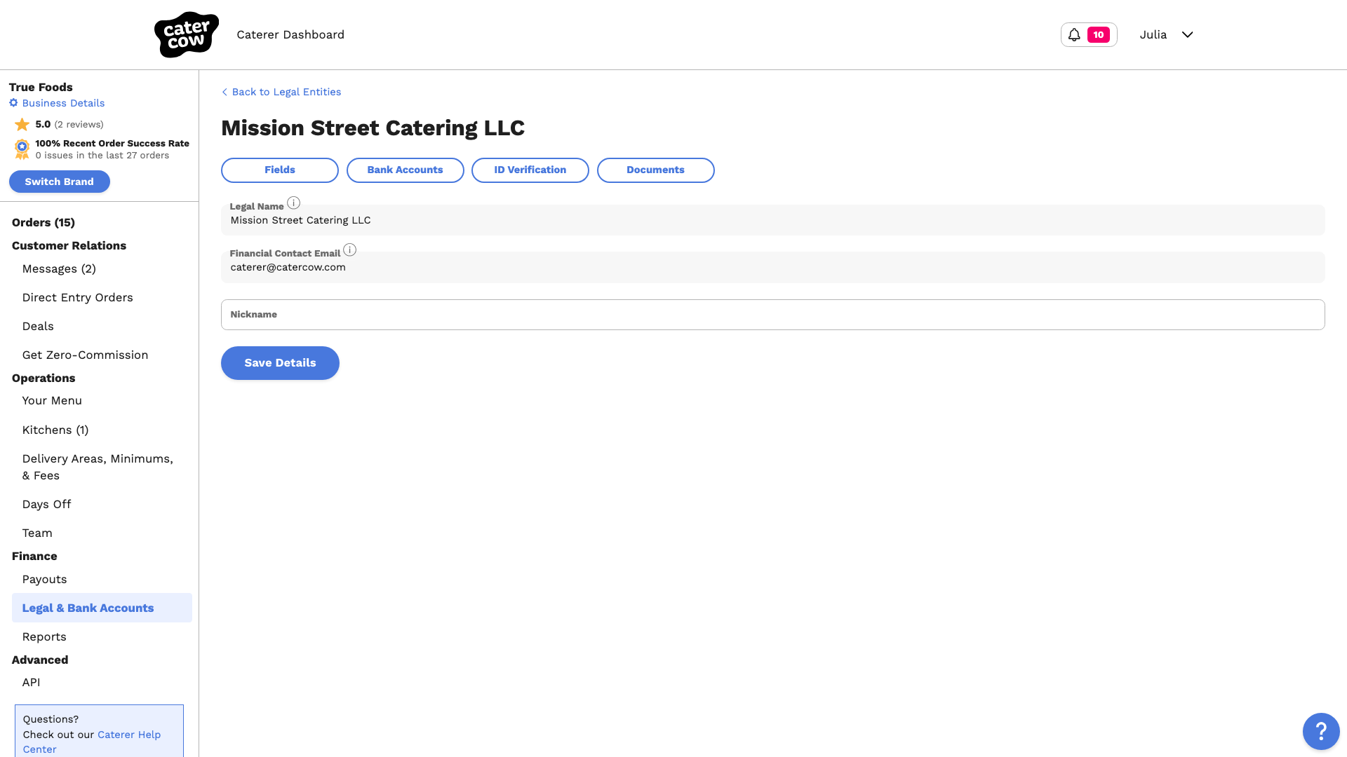 The new legal entity’s page with its Fields, Bank Accounts, ID Verification, and Documents tabs