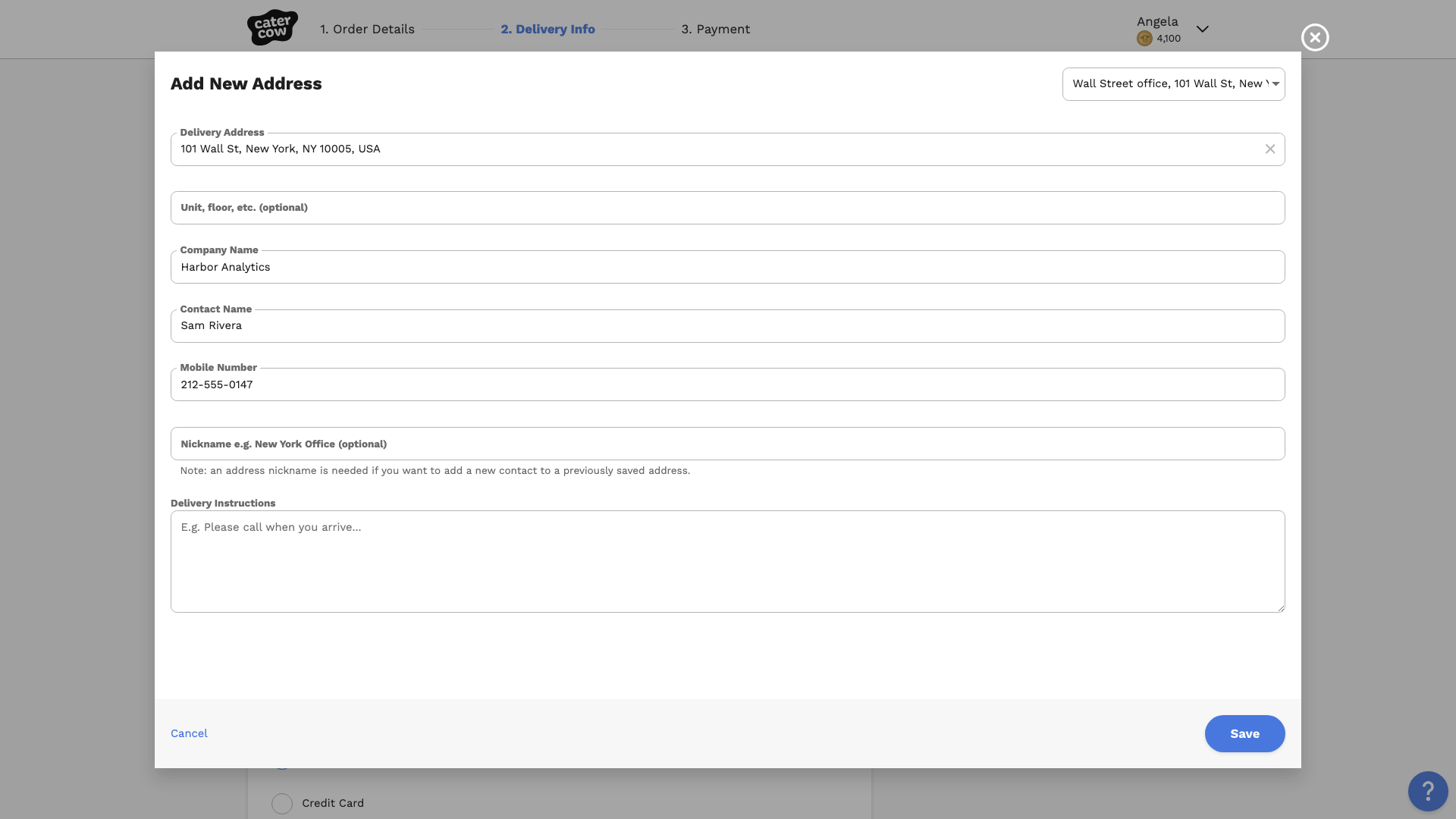 The Add New Address form filled from a saved address, with a new contact name and mobile number entered